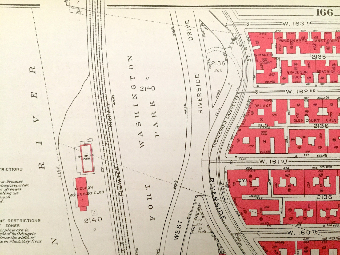 Antique Manhattan, New York City Map from Bromley's 1934 Manhattan Land Book – Fort Washington Park, Heights, Riverside Drive, Hudson NYC NY