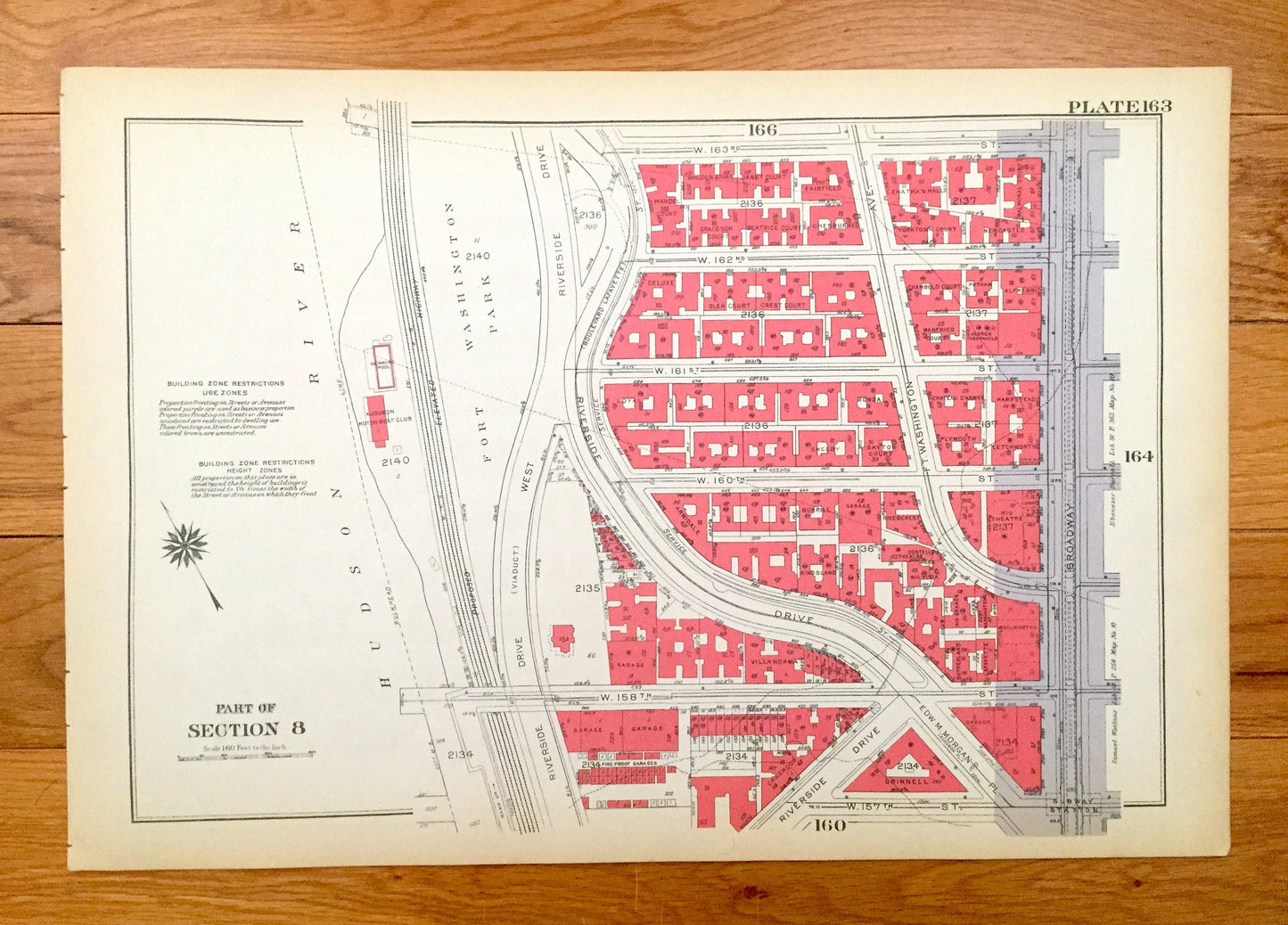 Antique Manhattan, New York City Map from Bromley's 1934 Manhattan Land Book – Fort Washington Park, Heights, Riverside Drive, Hudson NYC NY