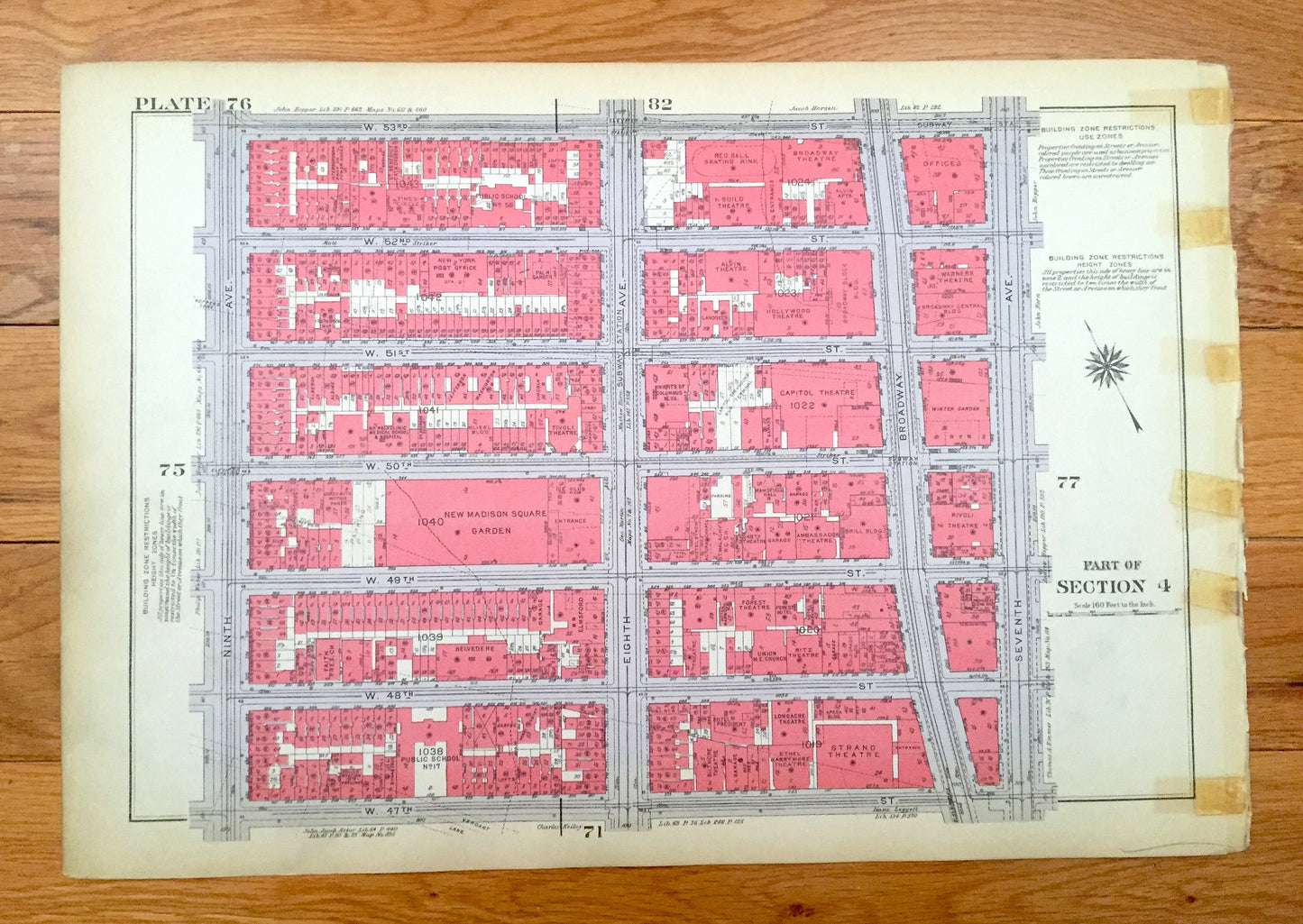Antique Manhattan, New York Map from Bromley's 1934 Manhattan Land Book – Hells Kitchen Clinton Broadway Madison Square Theater District NYC