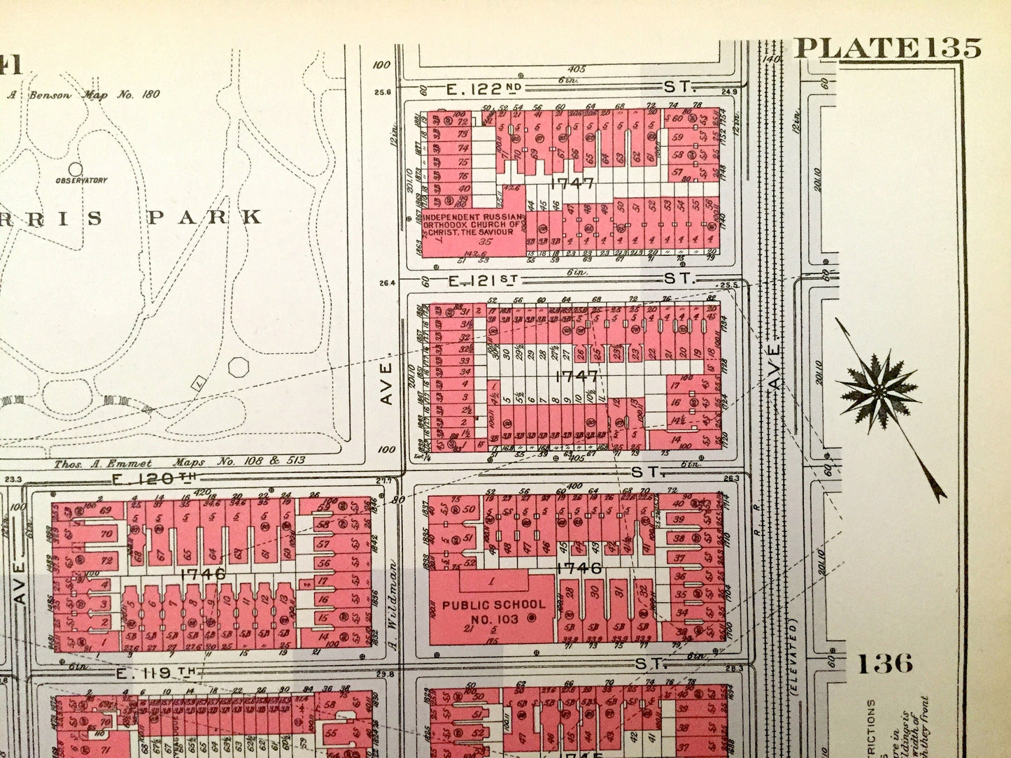 Antique Manhattan, New York City Map from Bromley's 1934 Manhattan Land Book – Harlem, Marcus Garvey Park, Mount Morris Park, Harlem NYC NY