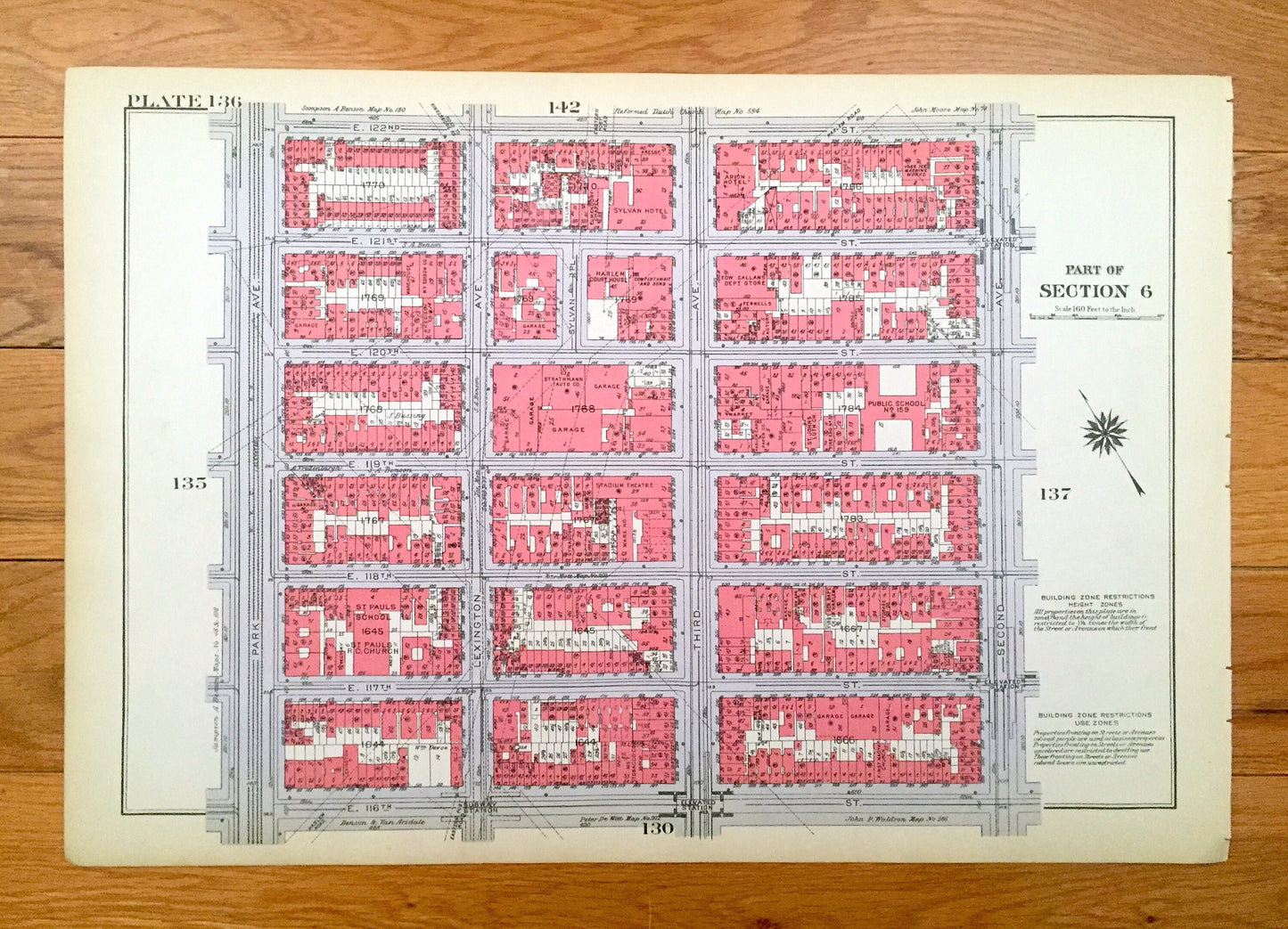 Antique Manhattan, New York City Map from Bromley's 1934 Manhattan Land Book – Harlem, Marcus Garvey Park, Mount Morris Park, Harlem NYC NY