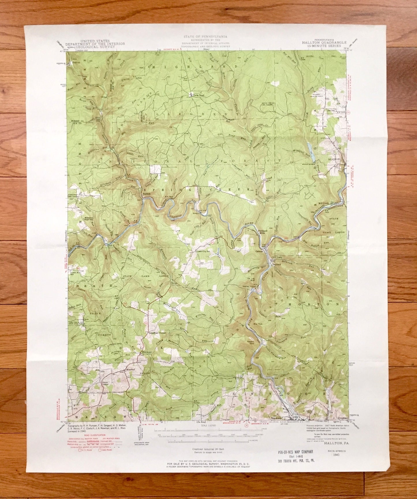 Antique Hallton, Pennsylvania 1940 US Geological Survey Topographic Map - Millstone, Jenks, Highland, Ridgway, Horton Snyder Warsaw Heath PA