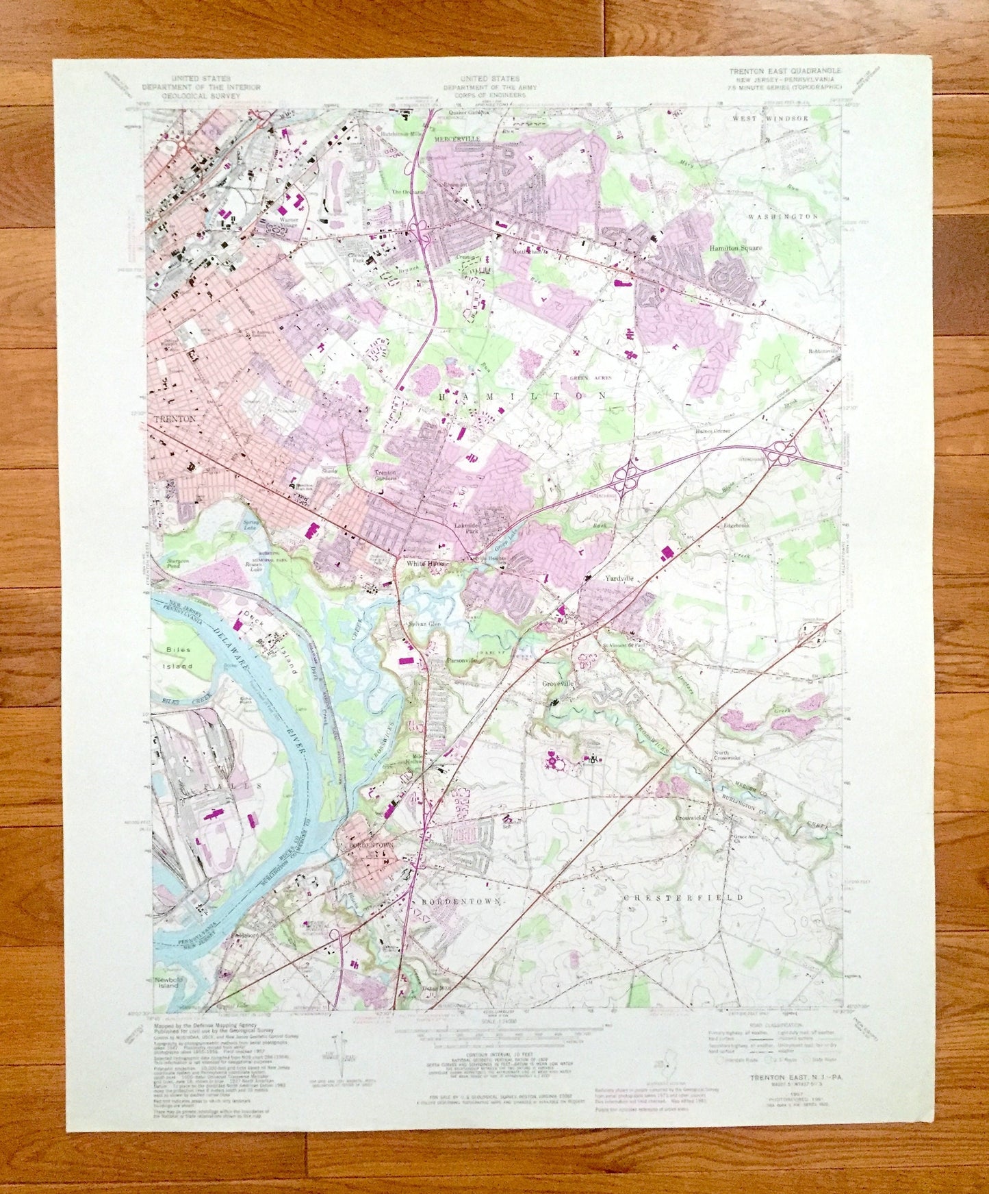 Antique Trenton East, NJ - PA 1957 US Geological Survey Topographic Map – Mercer County, Washington, Bordentown, Chesterfield, New Jersey