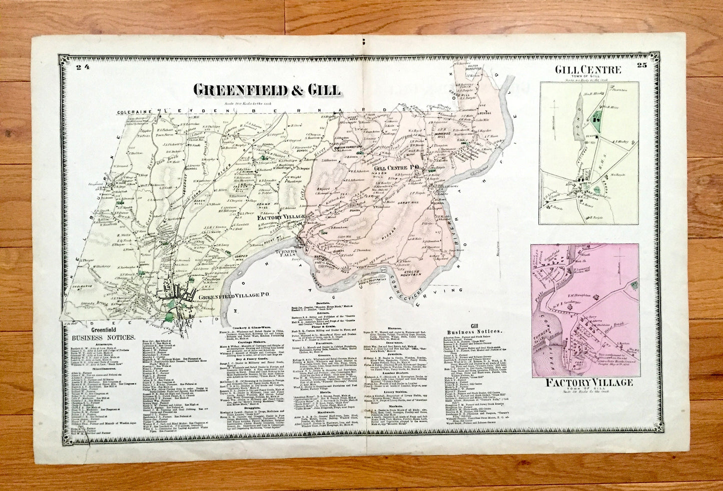 Antique 1871 Greenfield & Gill, Massachusetts Map from F.W. Beers Atlas of Franklin County – Factory Village, Turners Falls, Riverside, MA
