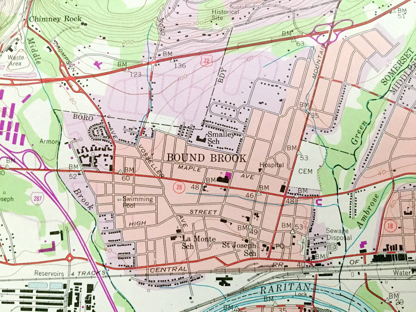 Antique Bound Brook, New Jersey 1955 US Geological Survey Topographic Map – Somerset, Middlesex County, Warren, Hillsborough, Franklin, NJ