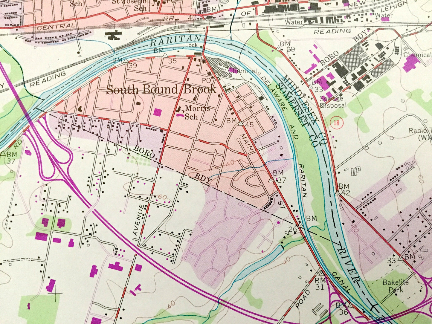 Antique Bound Brook, New Jersey 1955 US Geological Survey Topographic Map – Somerset, Middlesex County, Warren, Hillsborough, Franklin, NJ