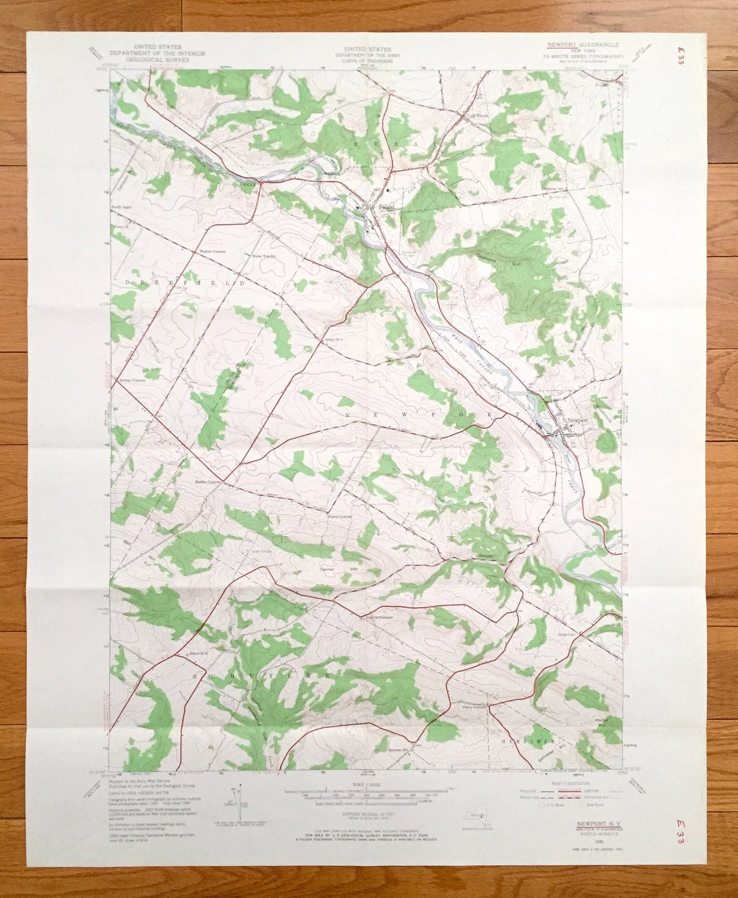 Antique Newport, New York 1943 US Geological Survey Topographic Map – Herkimer County, Deerfield, Schuyler, Poland, Cold Brook, Norway NY