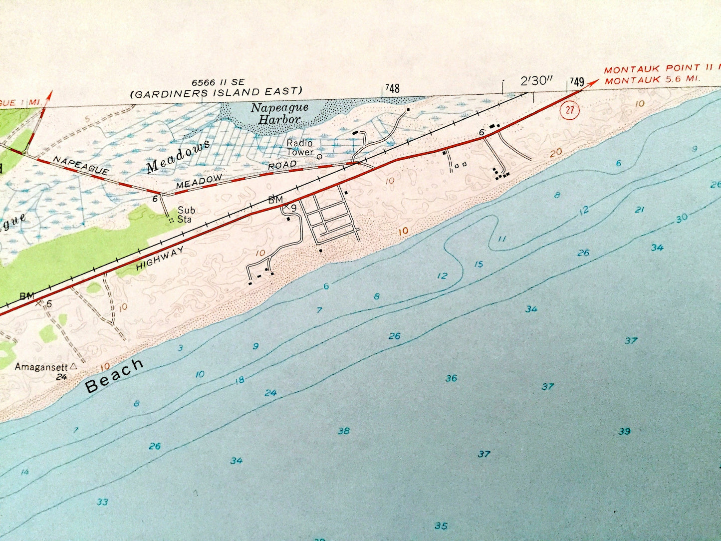 Antique Napeague Beach, New York 1956 US Geological Survey Topographic Map – Suffolk County, East, Promised Land, Hampton, Long Island, NY