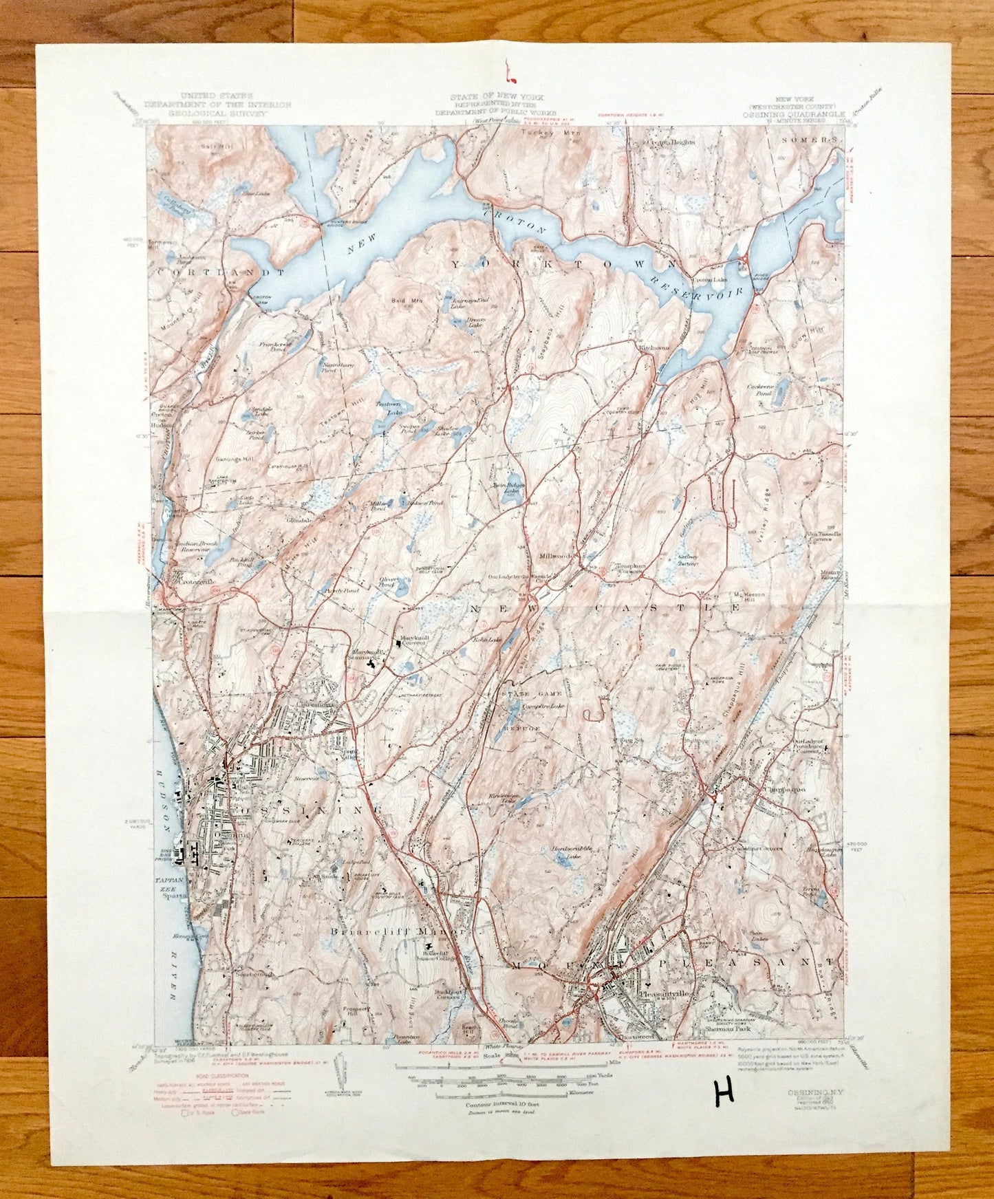 Antique Ossining, New York 1943 US Geological Survey Topographic Map – Hudson River, Croton, Cortlandt Yorktown Somers Westchester County NY
