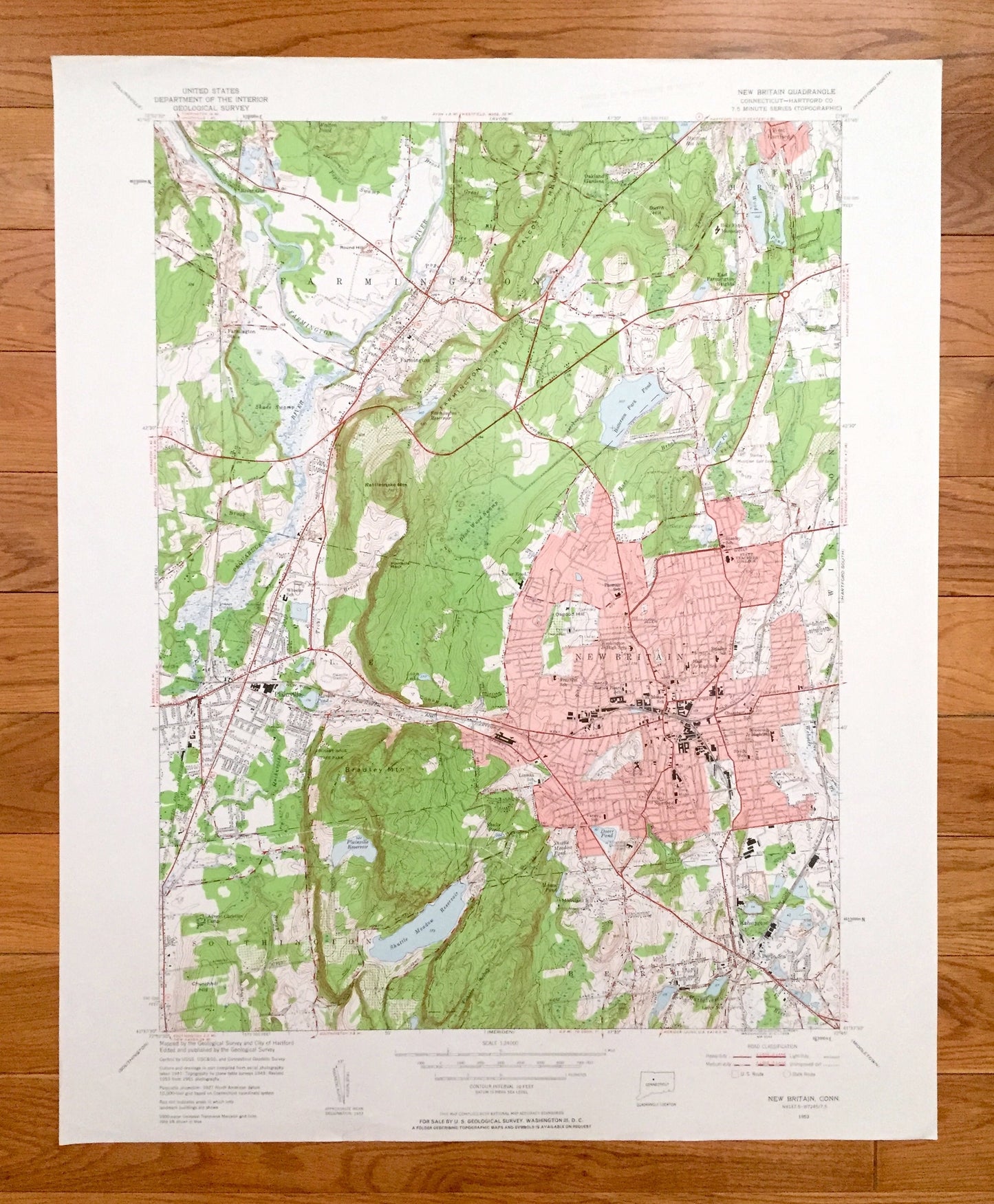 Antique New Britain, Connecticut 1953 US Geological Survey Topographic Map – Hartford County, Farmington, Southington, West Hartford, CT