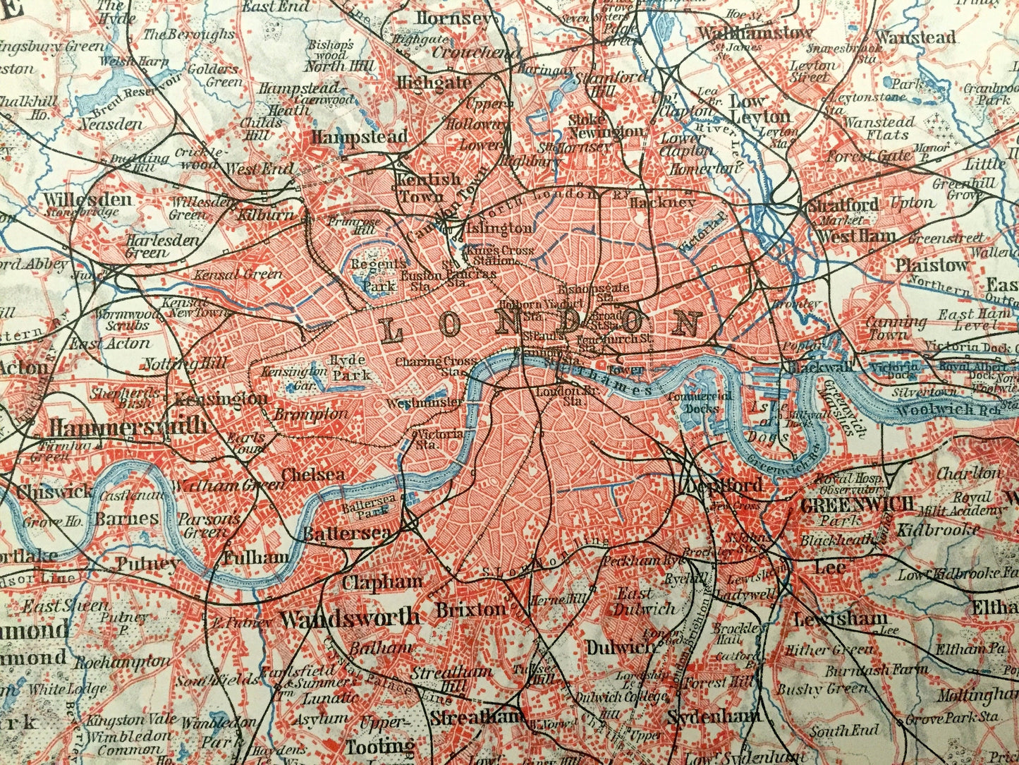 Antique 1902 London Map from Baedekers Atlas – Middlesex, Essex, Surrey, Kent County, Buckingham, Westminster, England, Great Britain, UK