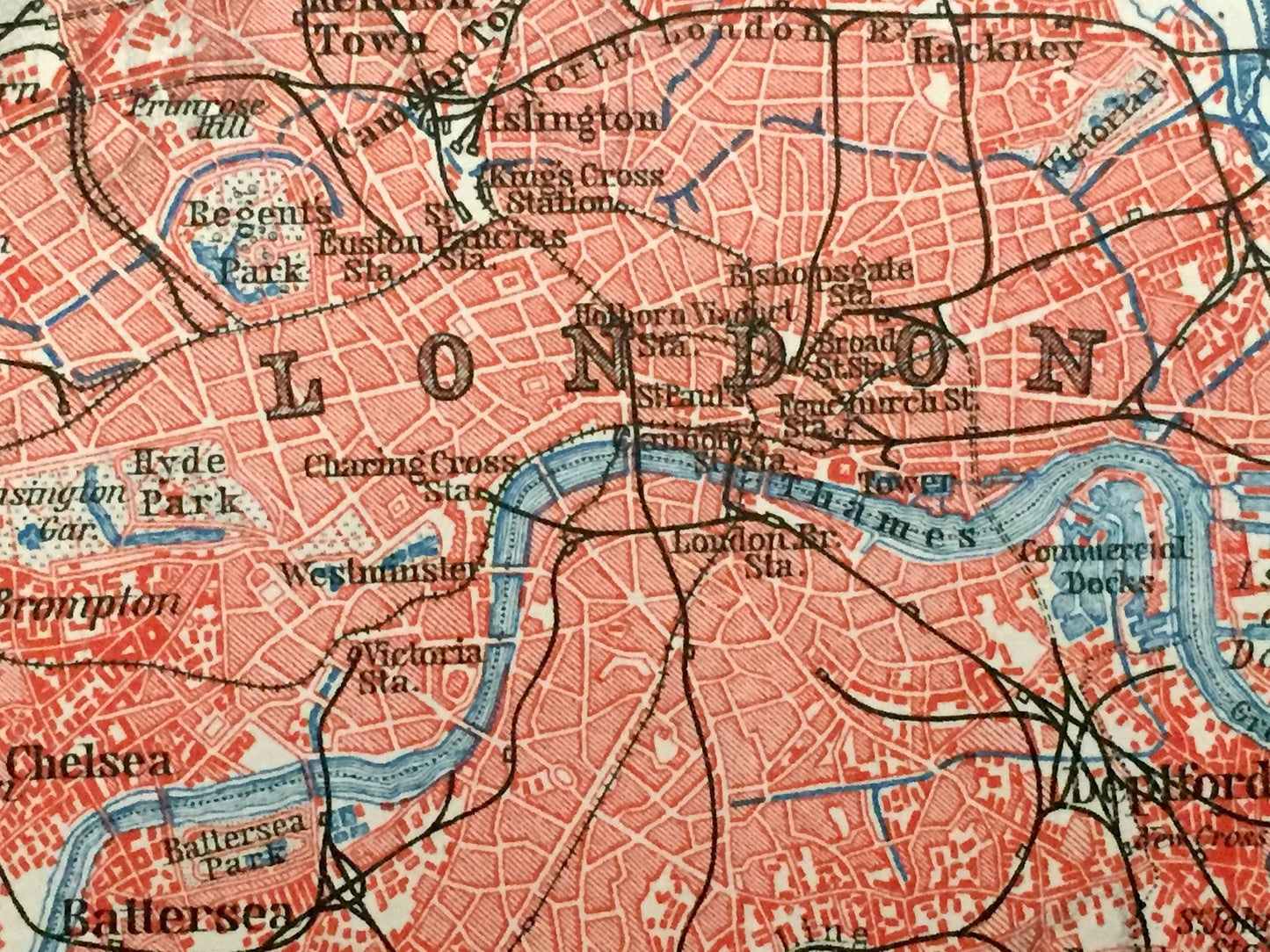 Antique 1902 London Map from Baedekers Atlas – Middlesex, Essex, Surrey, Kent County, Buckingham, Westminster, England, Great Britain, UK