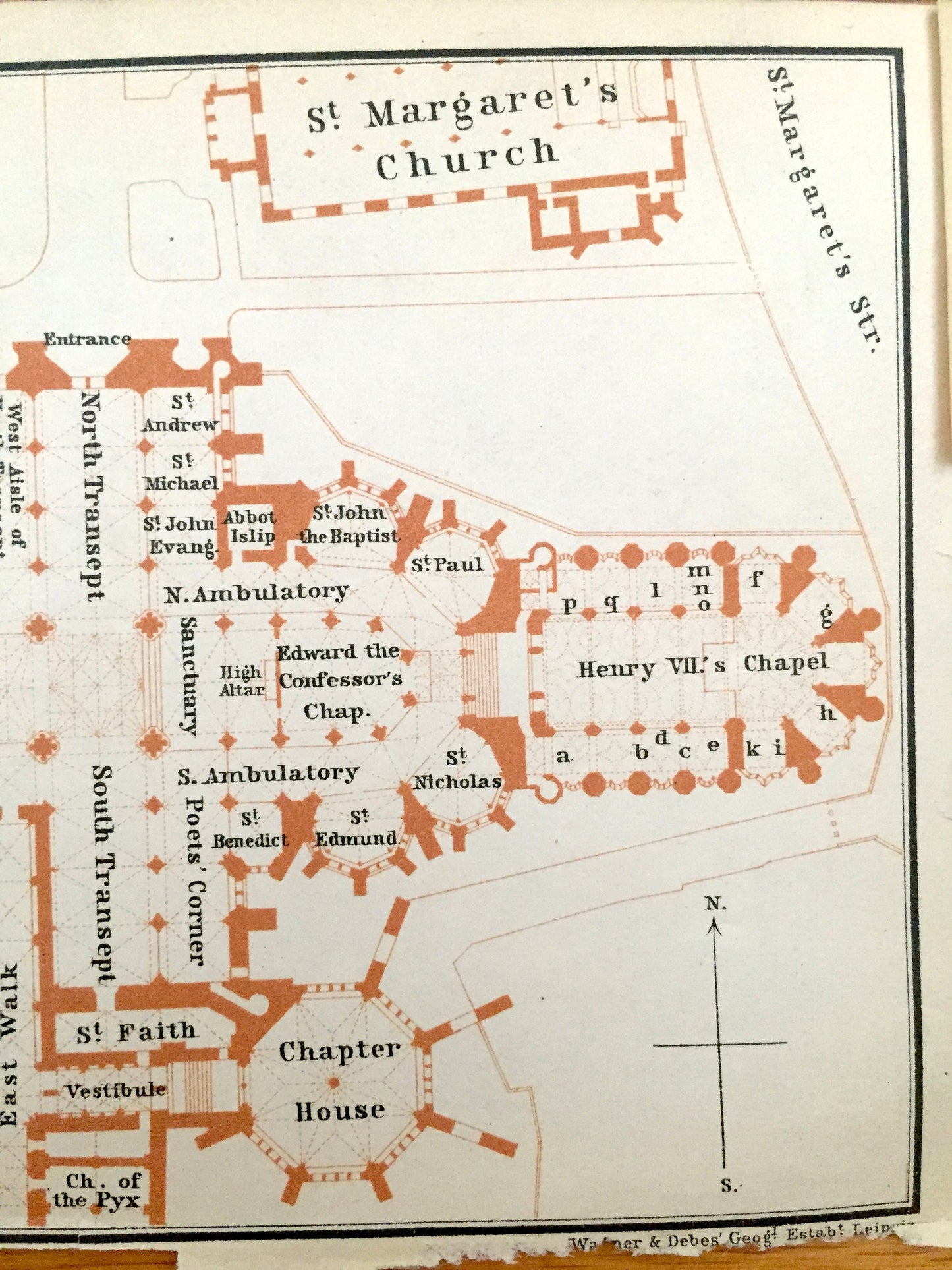 Antique 1902 Westminster Abbey Architectural Plan from Baedekers Atlas of London – St Margaret's Church, Chapel, Great Britain, England, UK