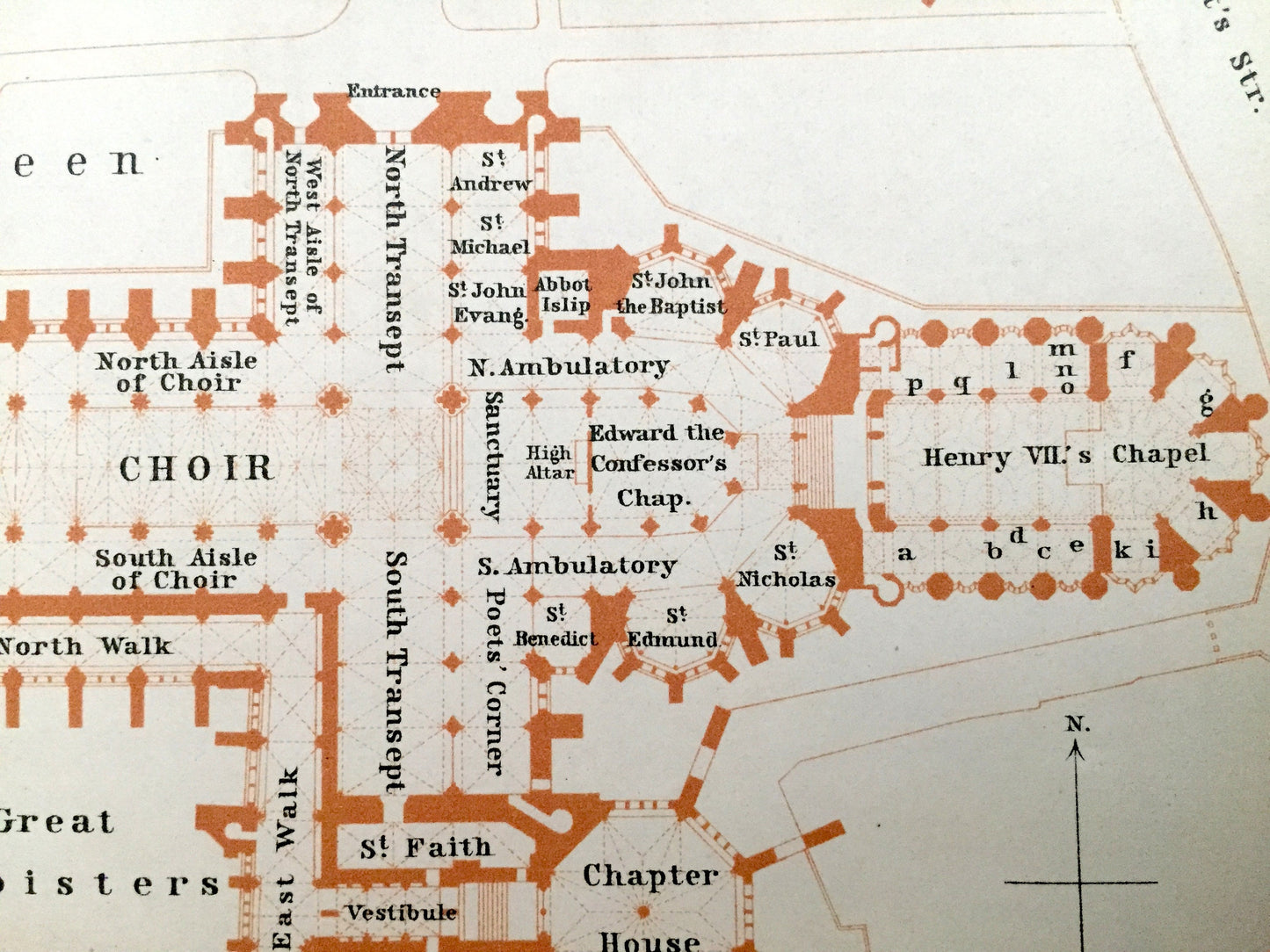 Antique 1902 Westminster Abbey Architectural Plan from Baedekers Atlas of London – St Margaret's Church, Chapel, Great Britain, England, UK