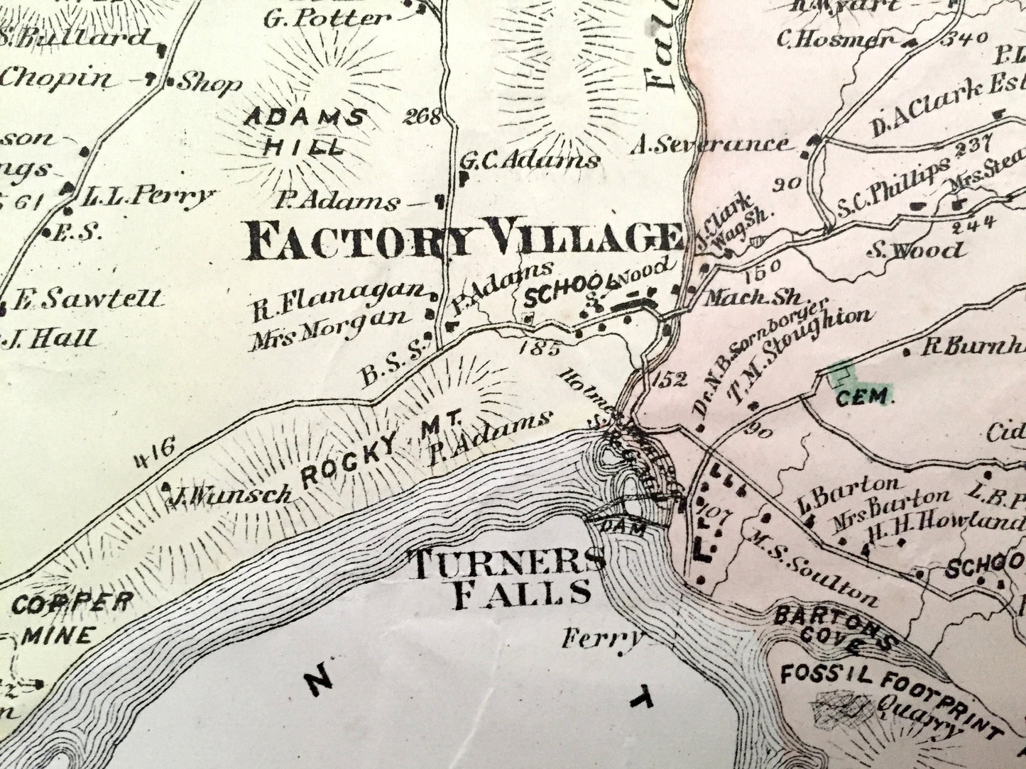 Antique 1871 Greenfield & Gill, Massachusetts Map from F.W. Beers Atlas of Franklin County – Factory Village, Turners Falls, Riverside, MA