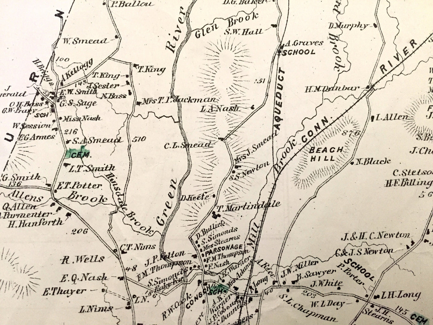 Antique 1871 Greenfield & Gill, Massachusetts Map from F.W. Beers Atlas of Franklin County – Factory Village, Turners Falls, Riverside, MA