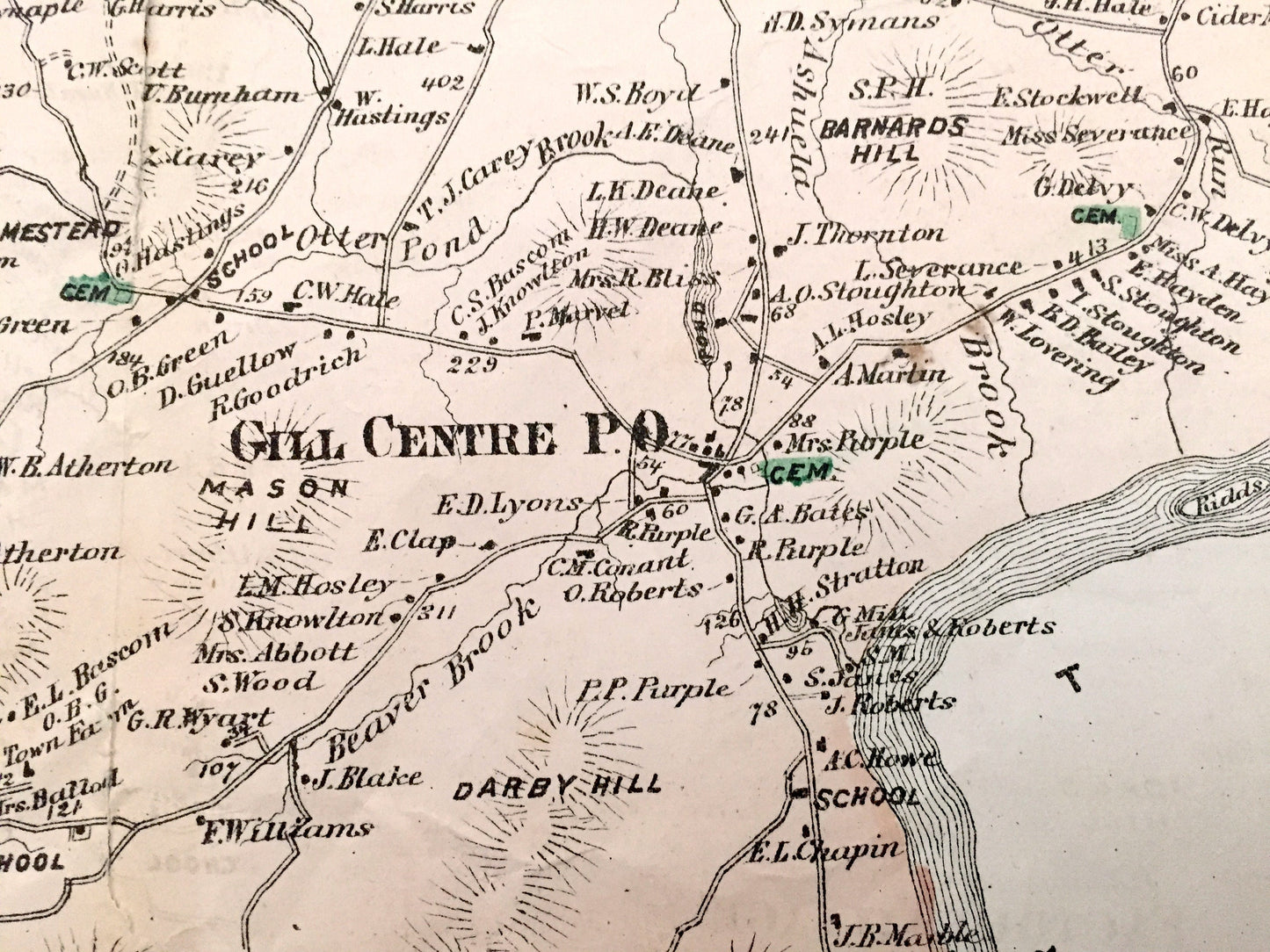Antique 1871 Greenfield & Gill, Massachusetts Map from F.W. Beers Atlas of Franklin County – Factory Village, Turners Falls, Riverside, MA