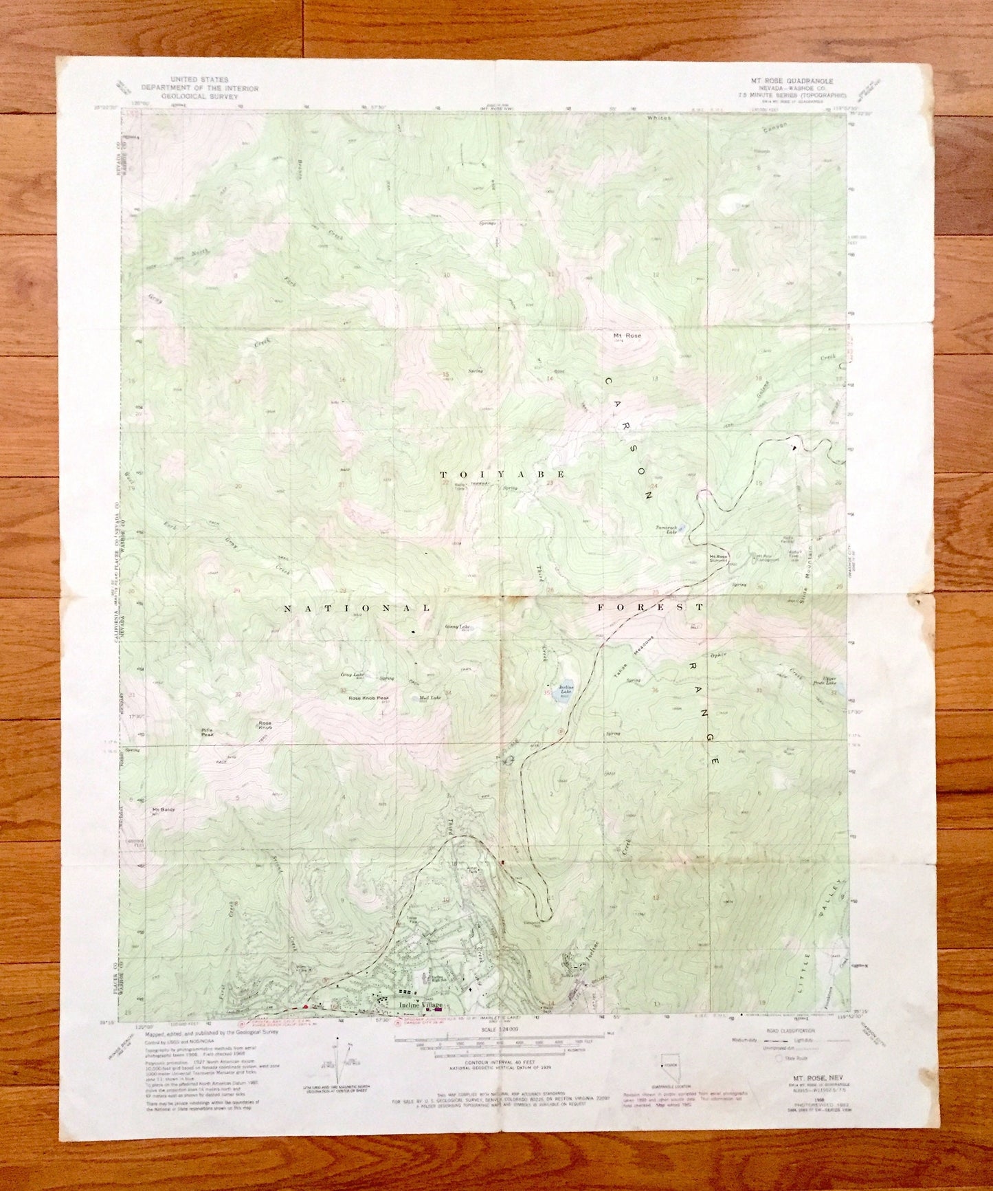 Antique Mt Rose, Nevada 1968 US Geological Survey Topographic Map – Washoe County, Toiyabe National Forest, Carson Range, Incline Village NV