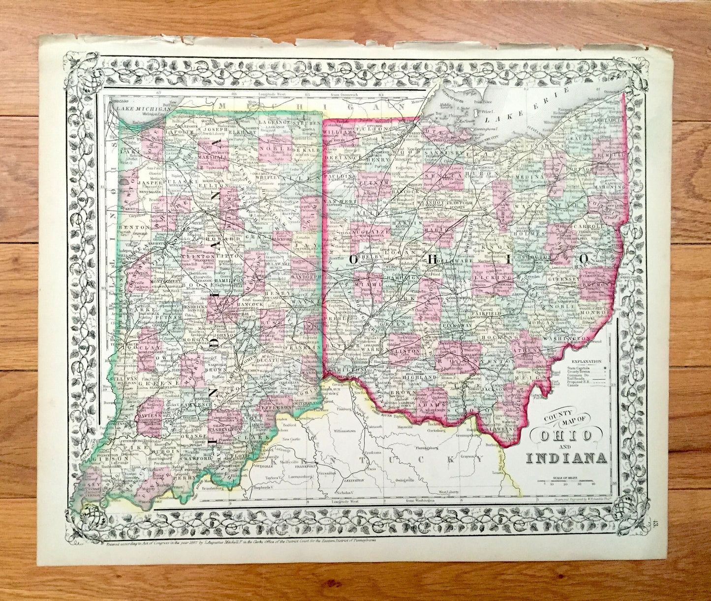 Antique 1867 Ohio & Indiana State Map by S. Augustus Mitchell – Columbus, Cleveland, Cincinnati, Akron, Indianapolis, Fort Wayne, OH IN