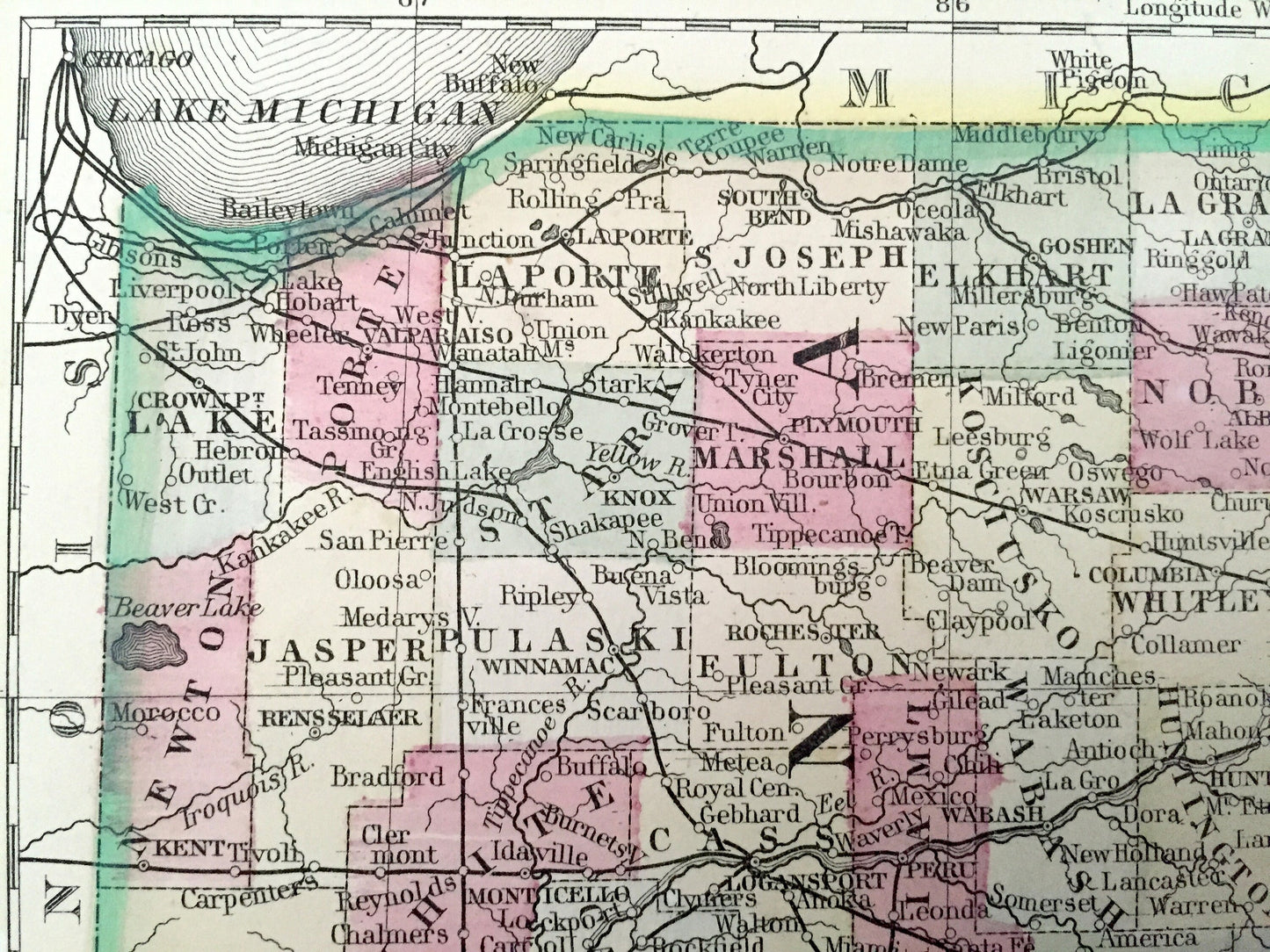 Antique 1867 Ohio & Indiana State Map by S. Augustus Mitchell – Columbus, Cleveland, Cincinnati, Akron, Indianapolis, Fort Wayne, OH IN