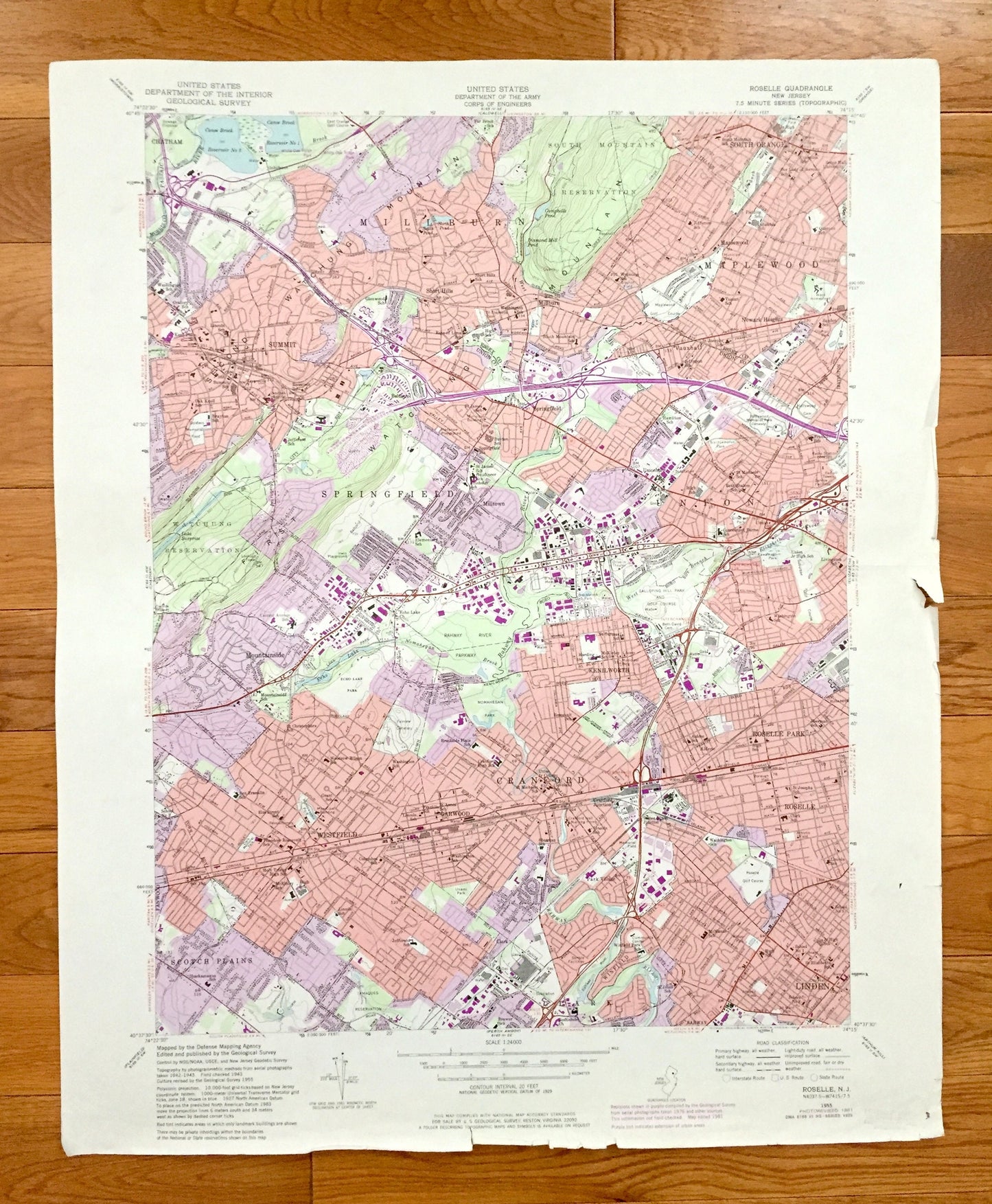 Antique Roselle, New Jersey 1955 US Geological Survey Topographic Map – Essex, Union County, Millburn, Springfield, Crawford, Maplewood, NJ
