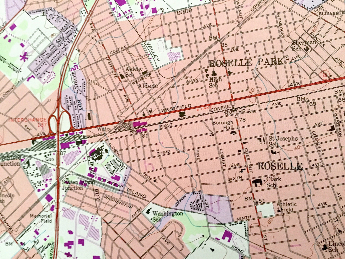 Antique Roselle, New Jersey 1955 US Geological Survey Topographic Map – Essex, Union County, Millburn, Springfield, Crawford, Maplewood, NJ