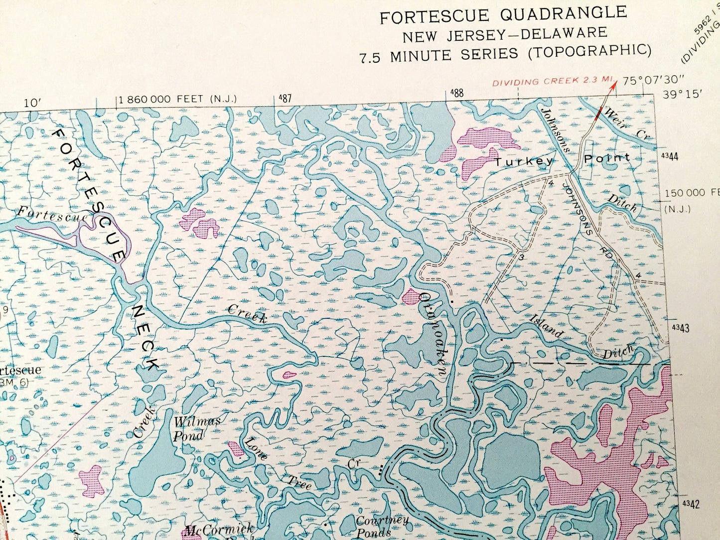 Antique Fortescue, New Jersey 1956 US Geological Survey Topographic Map – Cumberland County, Downe, NJ, Kent County, DE