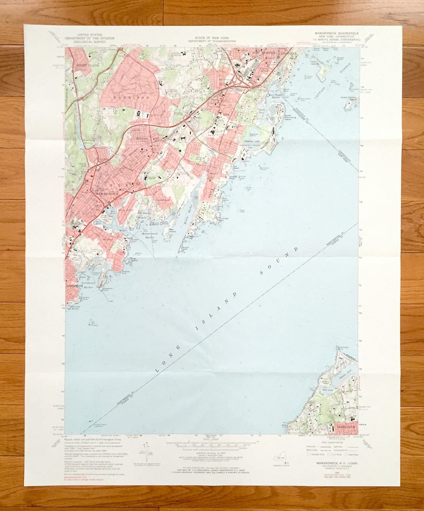 Antique Mamaroneck, New York 1967 US Geological Survey Topographic Map – Westchester, Nassau County, Queens, White Plains Rye Connecticut NY