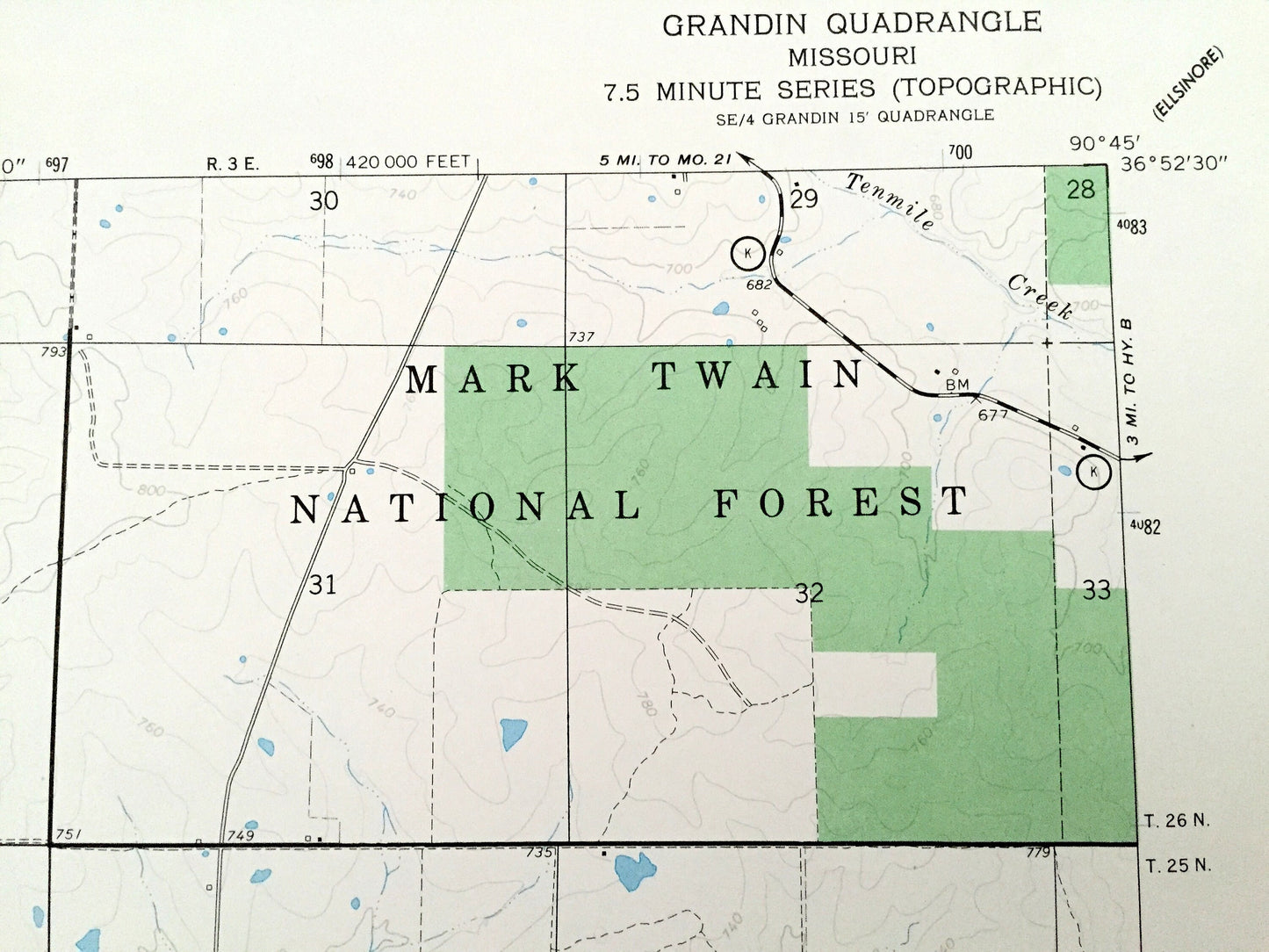 Antique Grandin, Missouri 1968 US Geological Survey Topographic Map – Carter, Ripley County Mark Twain National Forest Little Black River MO