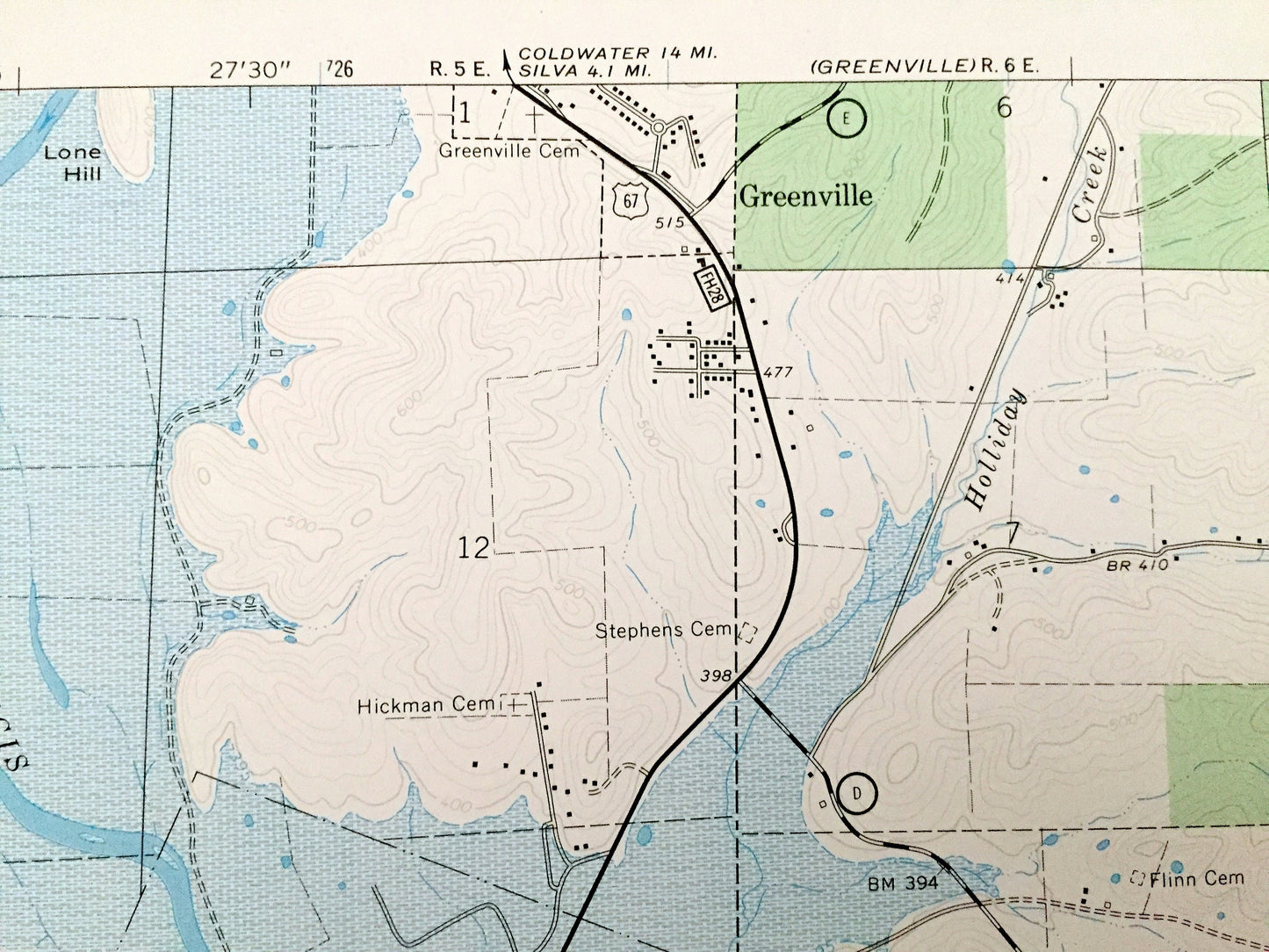 Antique Greenville SW, Missouri 1966 US Geological Survey Topographic Map – Wayne County, Holliday Landing, Mark Twain National Forest, MO