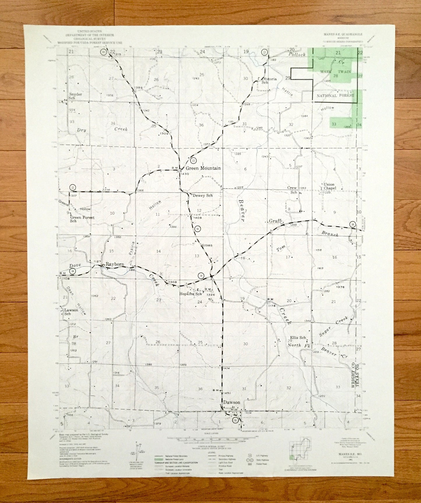 Antique Manes SE, Missouri 1941 US Geological Survey Topographic Map – Texas, Wright County, Green Mountain, Rayborn, Dawson, Graff, MO