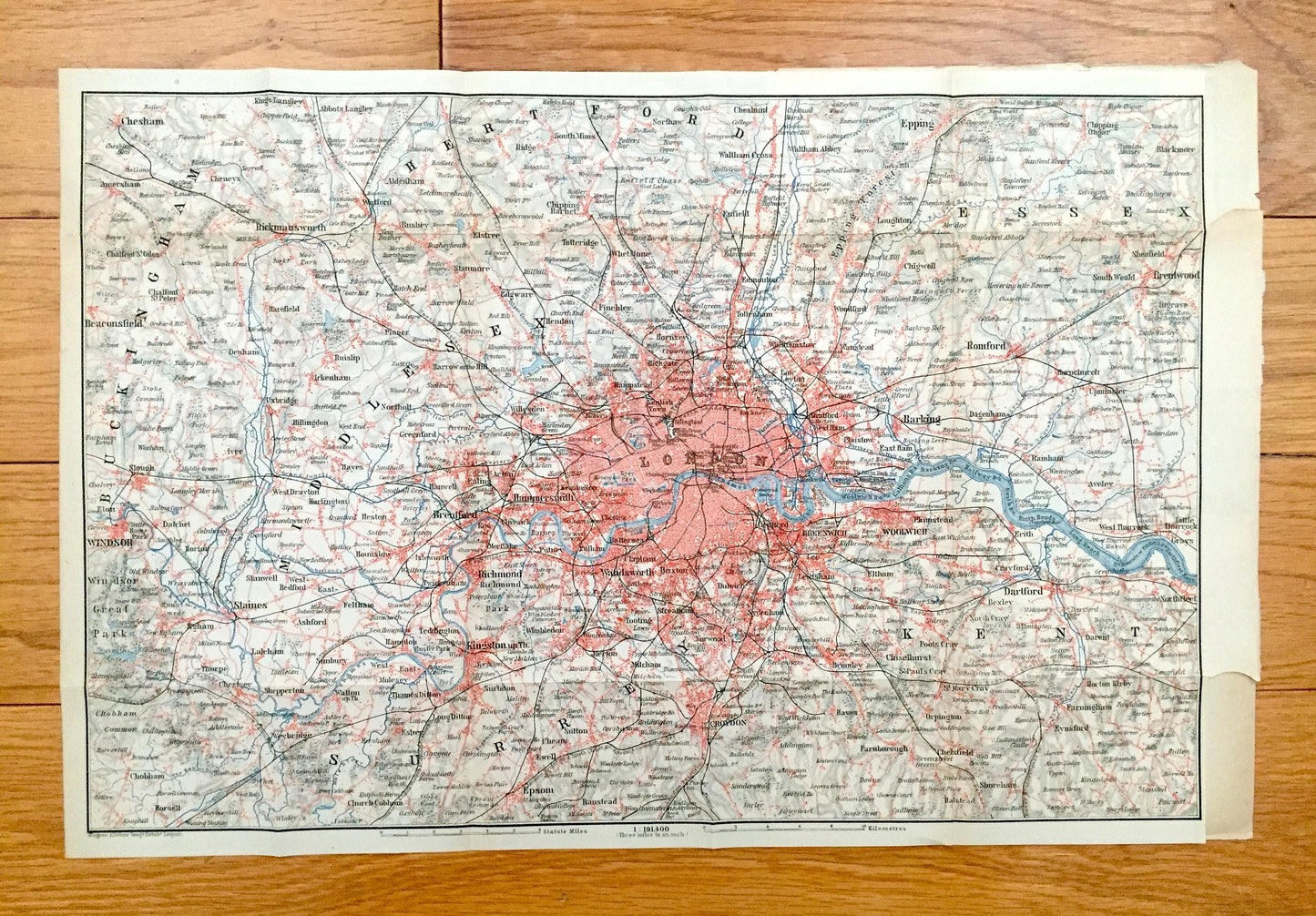 Antique 1902 London Map from Baedekers Atlas – Middlesex, Essex, Surrey, Kent County, Buckingham, Westminster, England, Great Britain, UK