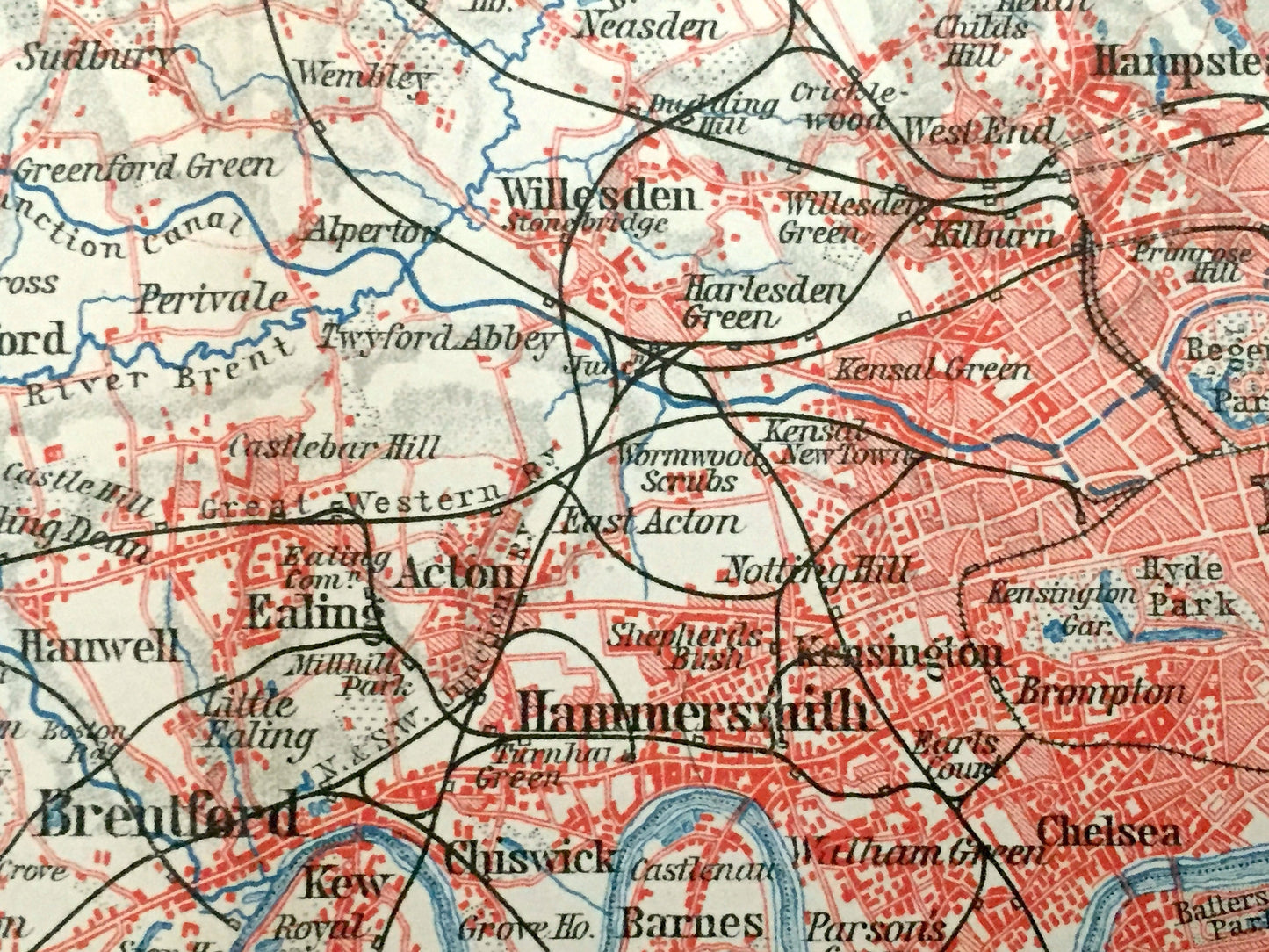 Antique 1902 London Map from Baedekers Atlas – Middlesex, Essex, Surrey, Kent County, Buckingham, Westminster, England, Great Britain, UK
