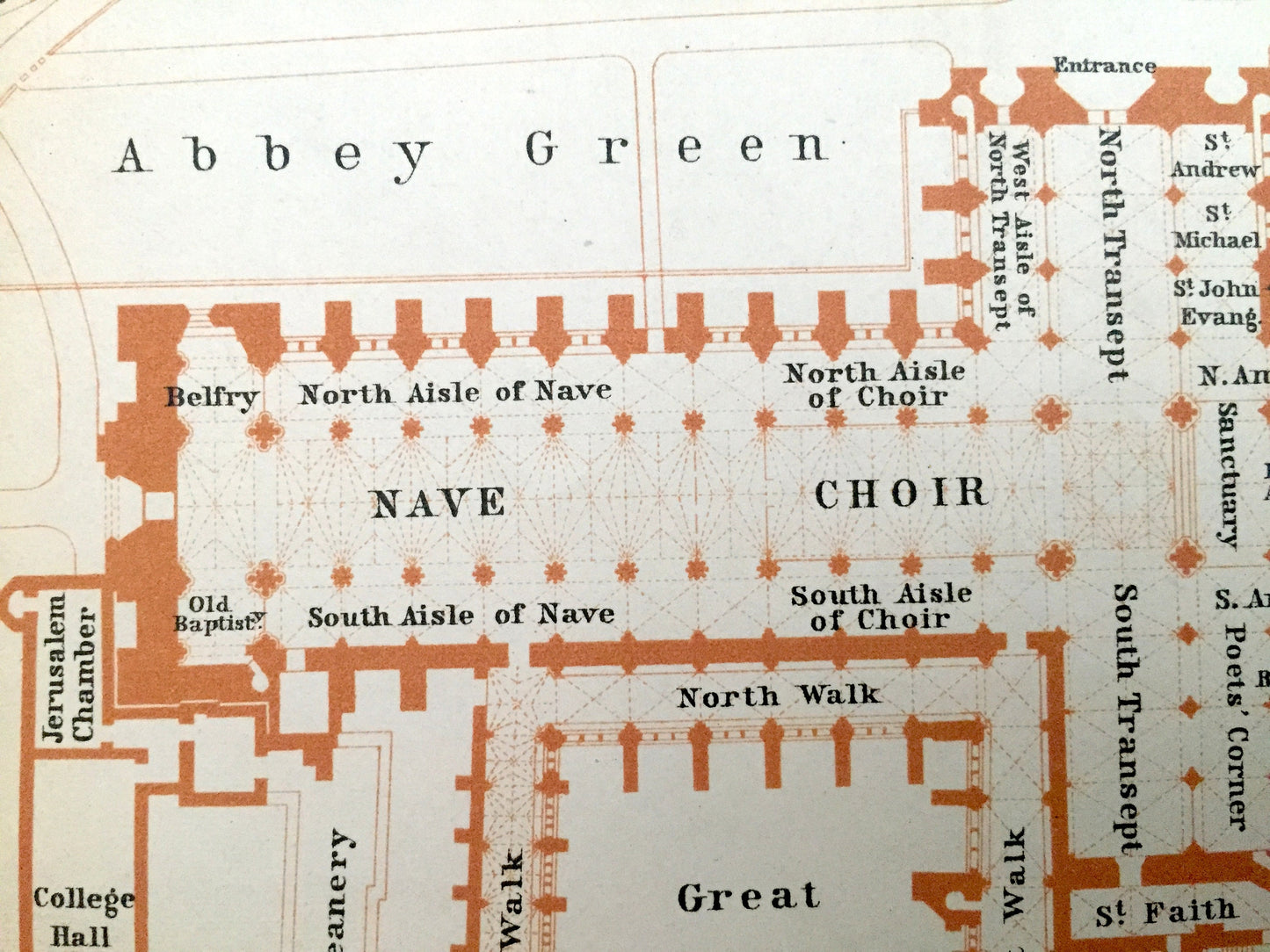 Antique 1902 Westminster Abbey Architectural Plan from Baedekers Atlas of London – St Margaret's Church, Chapel, Great Britain, England, UK