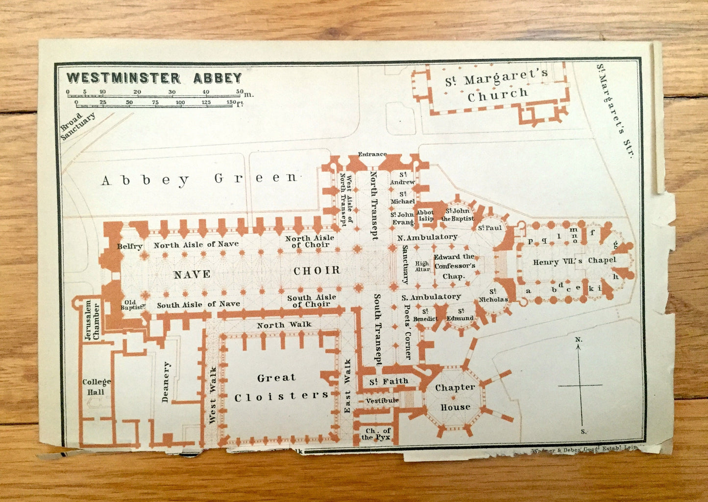 Antique 1902 Westminster Abbey Architectural Plan from Baedekers Atlas of London – St Margaret's Church, Chapel, Great Britain, England, UK
