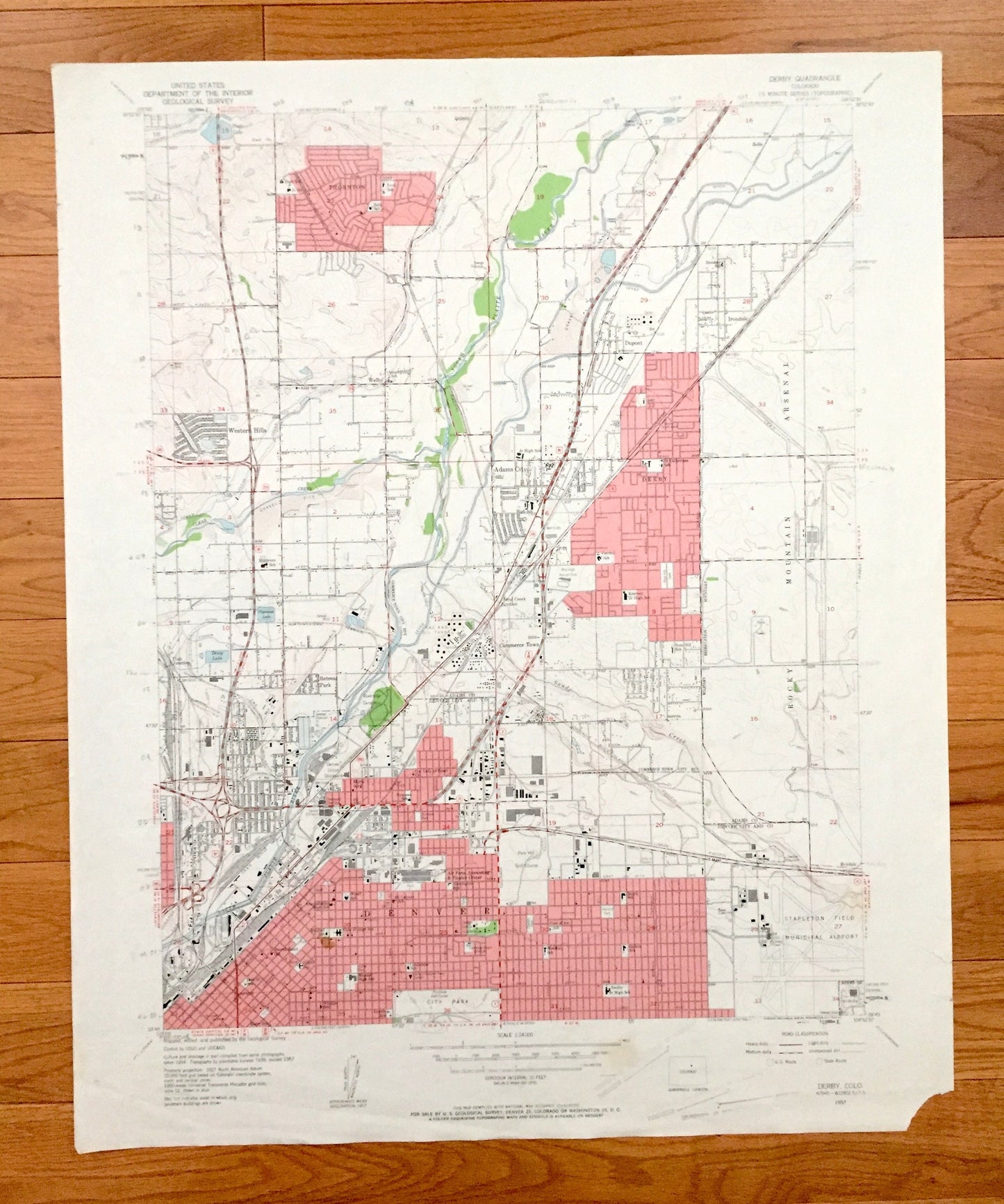 Antique Denver, Colorado 1957 US Geological Survey Topographic Map – Adams County, Thornton, Western Hills, Derby, Commerce Town, CO