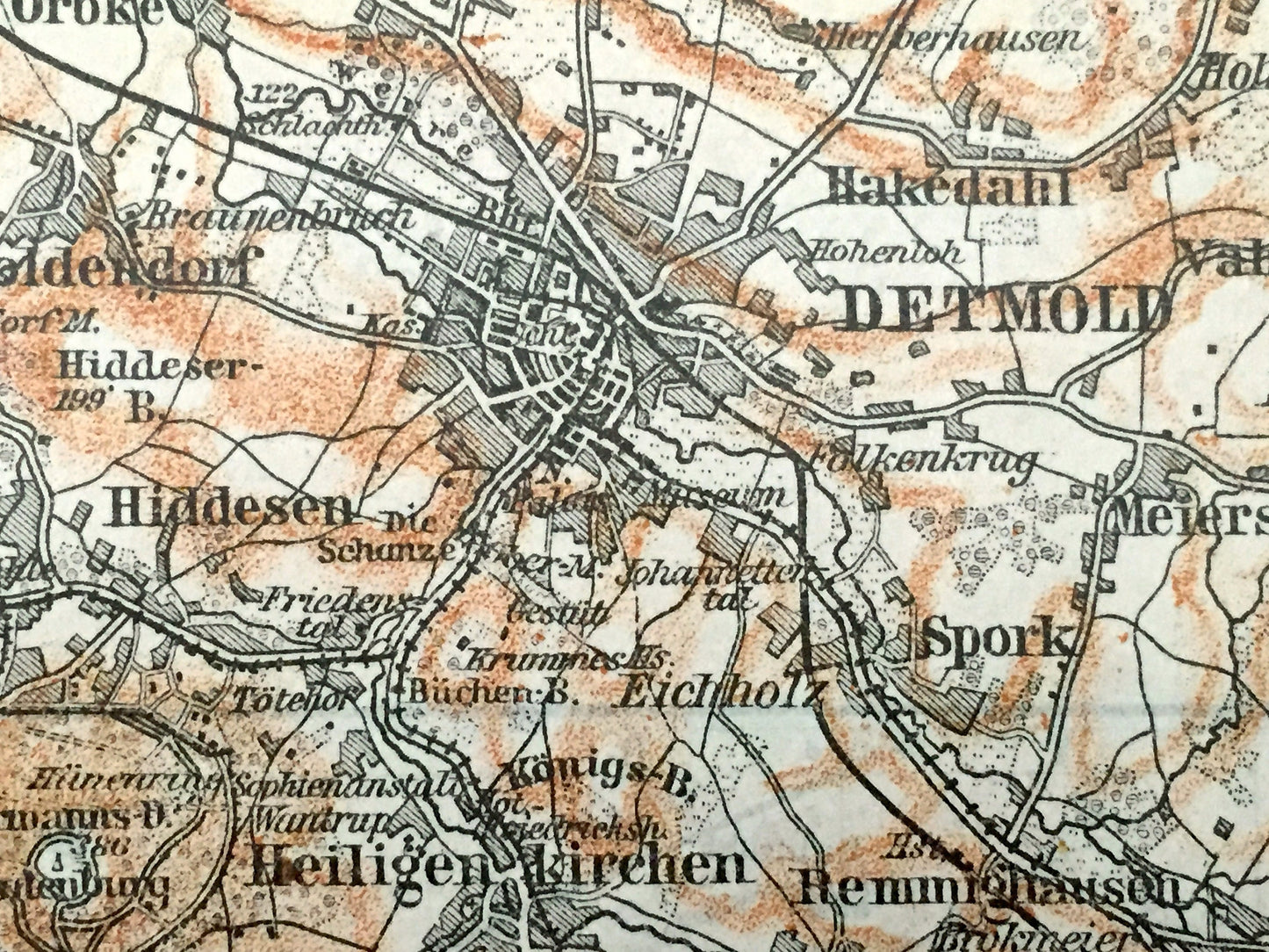 Antique 1925 Detmold, Germany Map from Baedekers Guide Atlas – Schlangen, Kohlstadt, Feldrom, Horn, Berlebeck, Spork, Orbke, Hiddesen