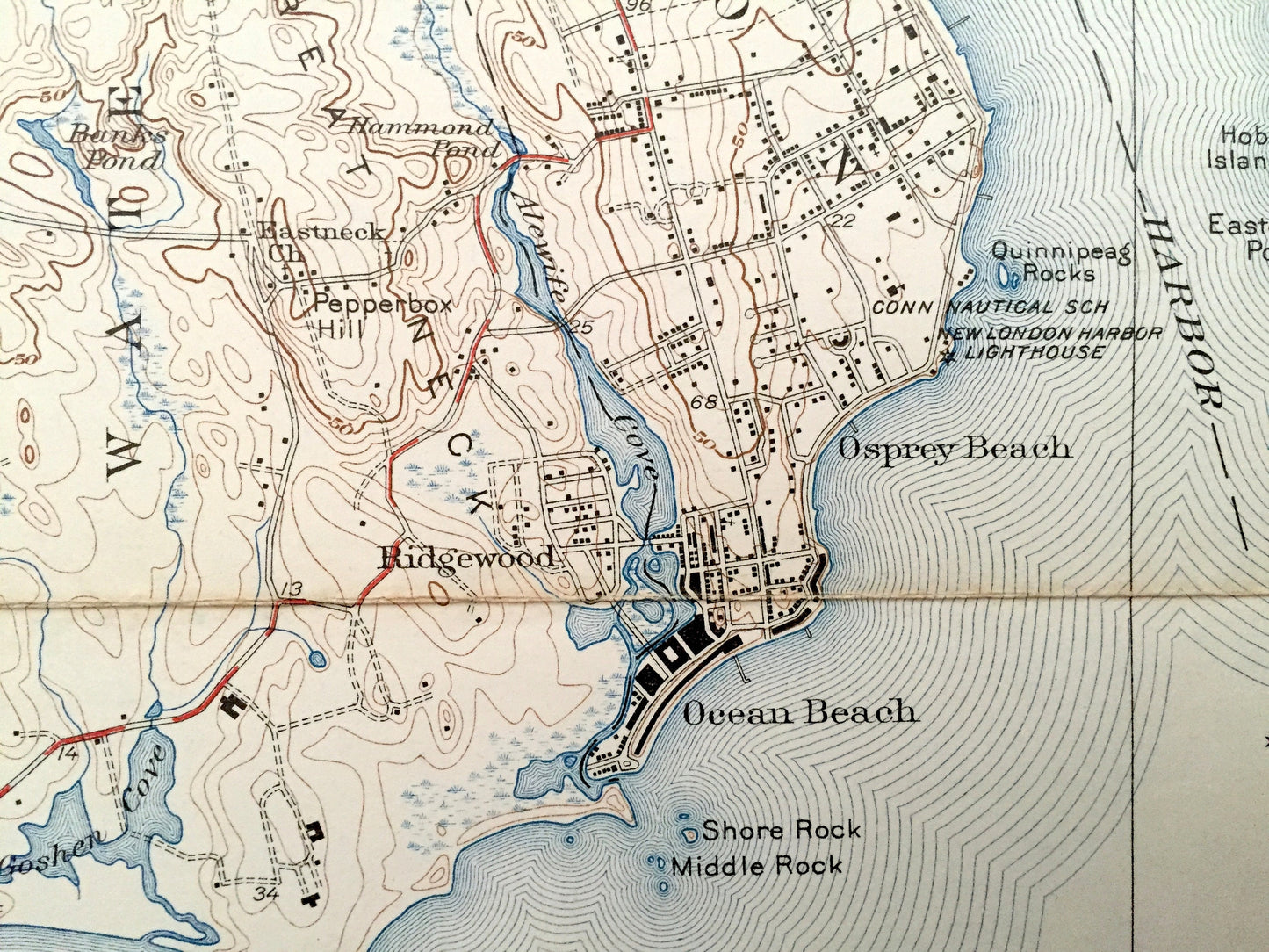 Antique New London, Connecticut 1938 US Geological Survey Topographic Map – Groton, Waterford, Coast Guard, Southold, Fisher Island, Lyme CT