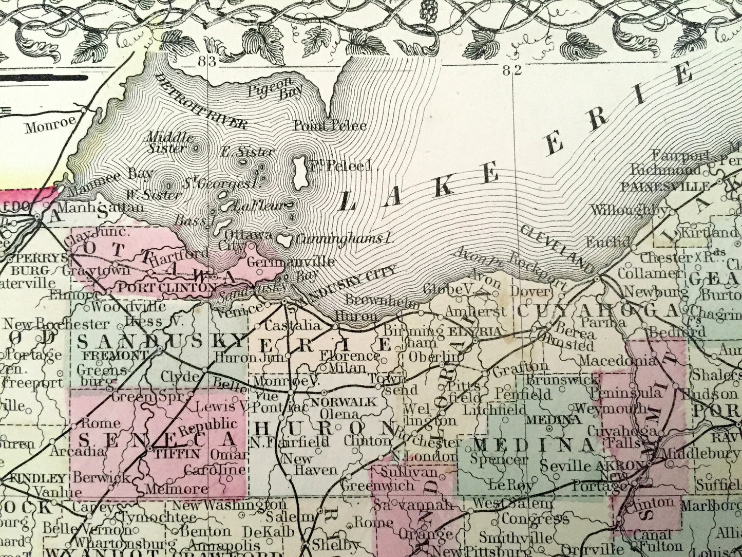 Antique 1867 Ohio & Indiana State Map by S. Augustus Mitchell – Columbus, Cleveland, Cincinnati, Akron, Indianapolis, Fort Wayne, OH IN