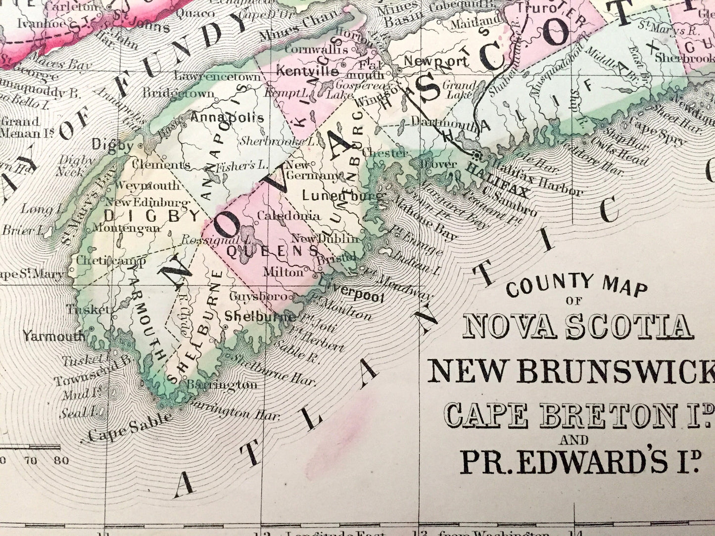 Antique 1867 Nova Scotia, New Brunswick, Prince Edward Island & Cape Breton Island, Canada Map by S.A. Mitchell – Halifax, St John, Magdalen