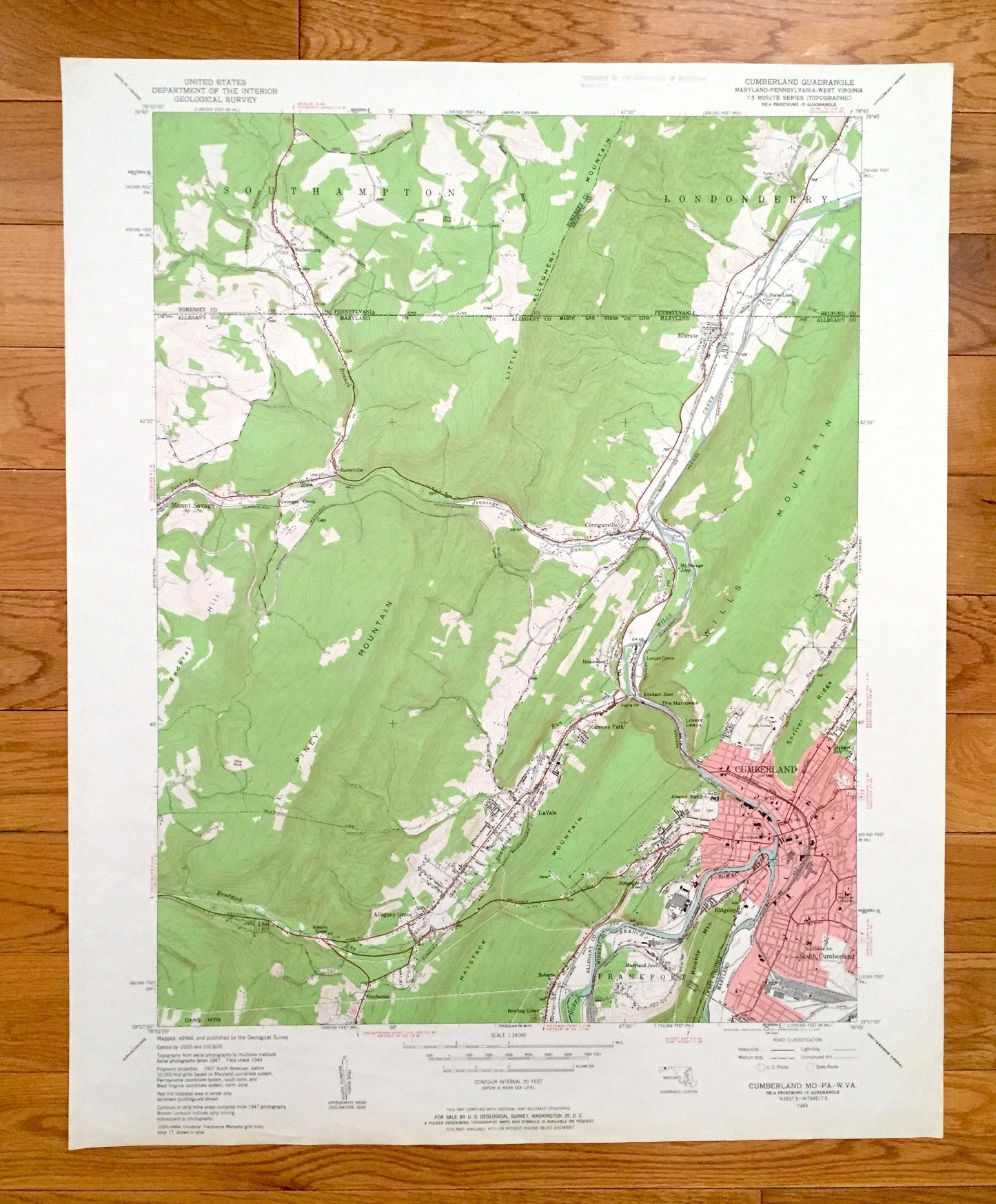 Antique Cumberland, Maryland 1949 US Geological Survey Topographic Map – Allegany County, Mount Savage, MD, Bedford, Somerset County, PA