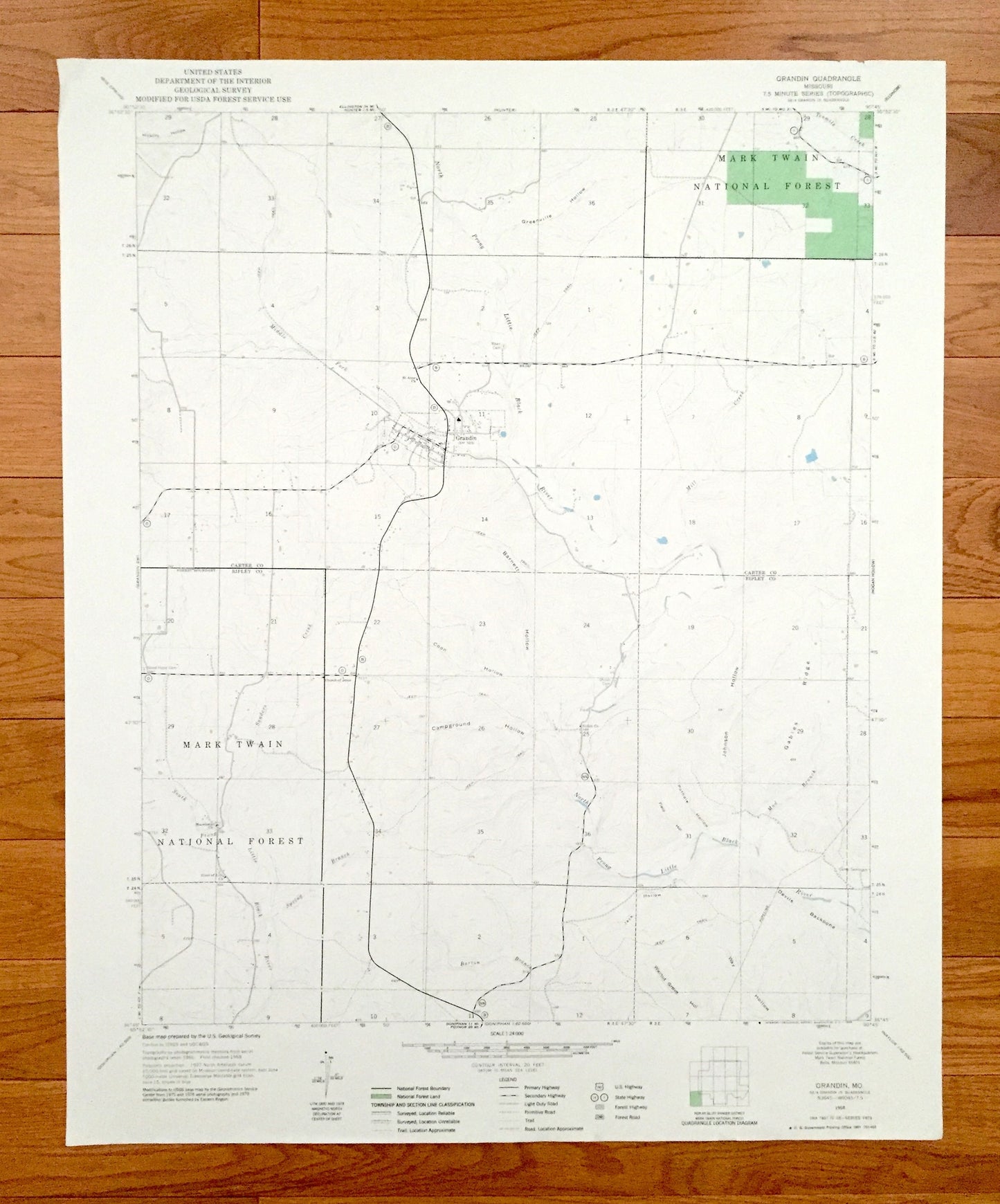 Antique Grandin, Missouri 1968 US Geological Survey Topographic Map – Carter, Ripley County Mark Twain National Forest Little Black River MO