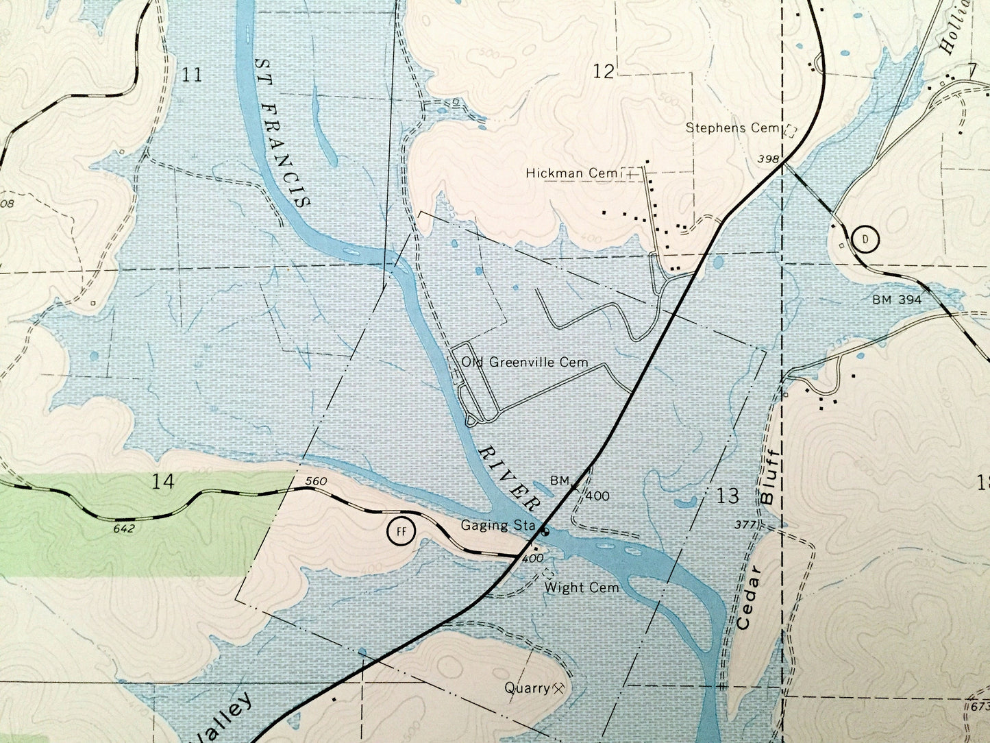 Antique Greenville SW, Missouri 1966 US Geological Survey Topographic Map – Wayne County, Holliday Landing, Mark Twain National Forest, MO