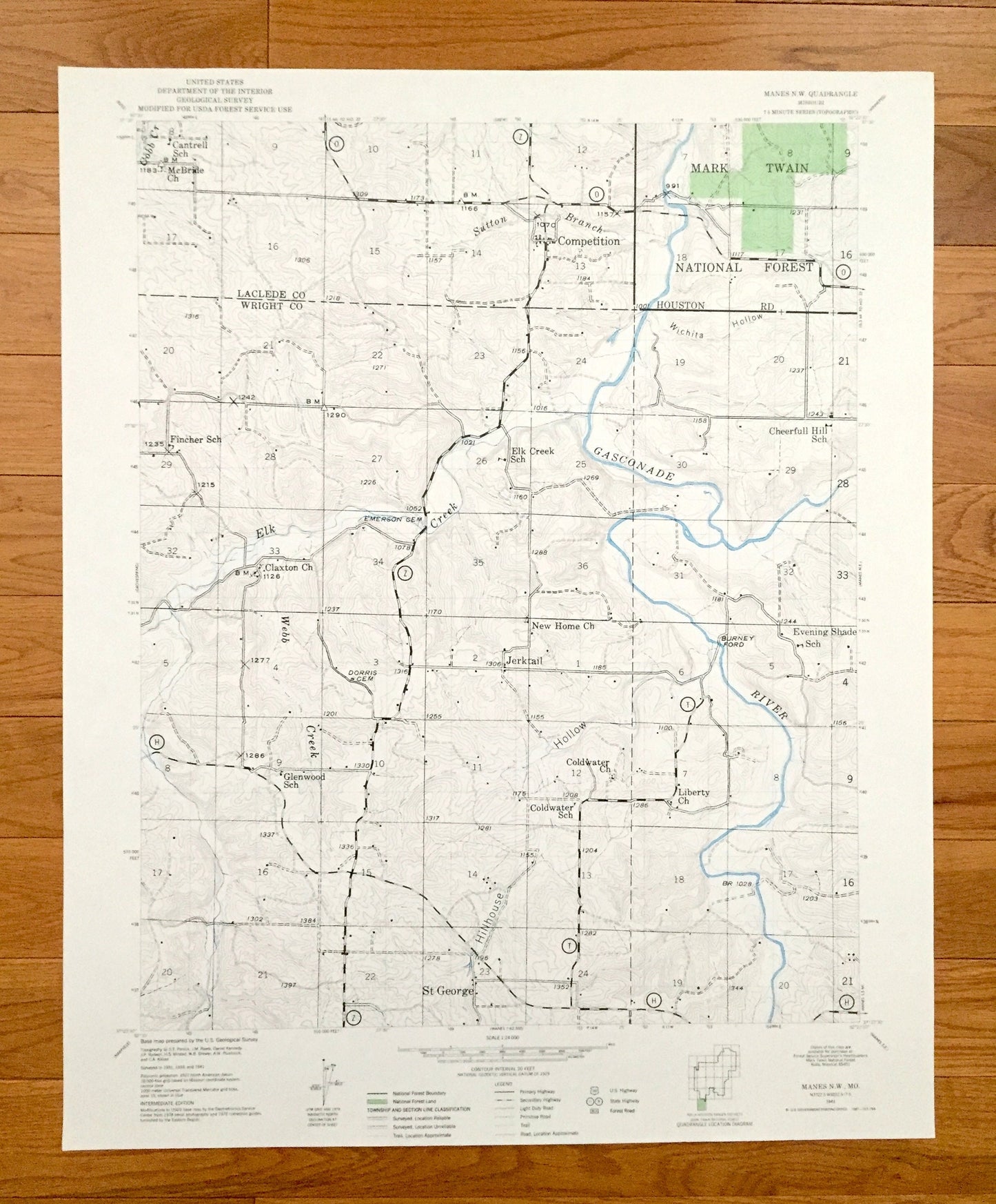 Antique Manes NW, Missouri 1941 US Geological Survey Topographic Map – Laclede, Wright County, Competition, Jerktail, St George, MO
