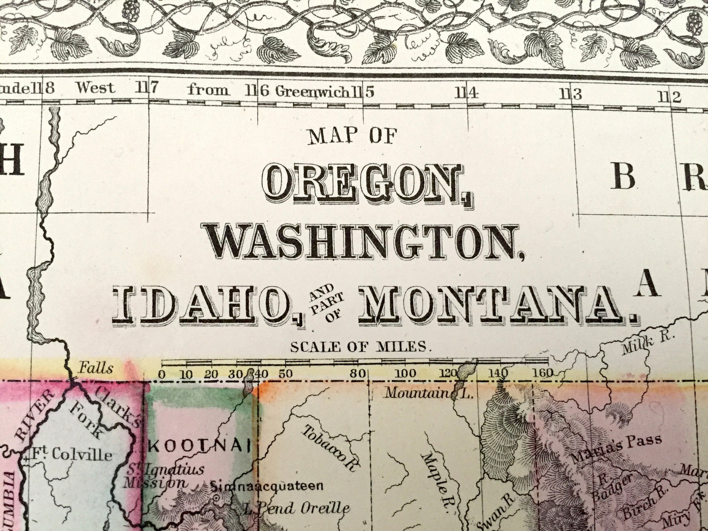 Antique 1871 Oregon, Washington, Idaho, Montana State Map by S. Augustus Mitchell – Northwest, Seattle, Portland, Coast, Olympia, WA OR MT