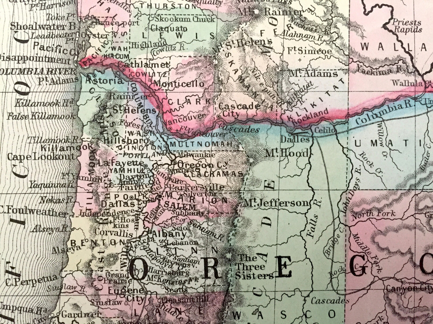Antique 1871 Oregon, Washington, Idaho, Montana State Map by S. Augustus Mitchell – Northwest, Seattle, Portland, Coast, Olympia, WA OR MT