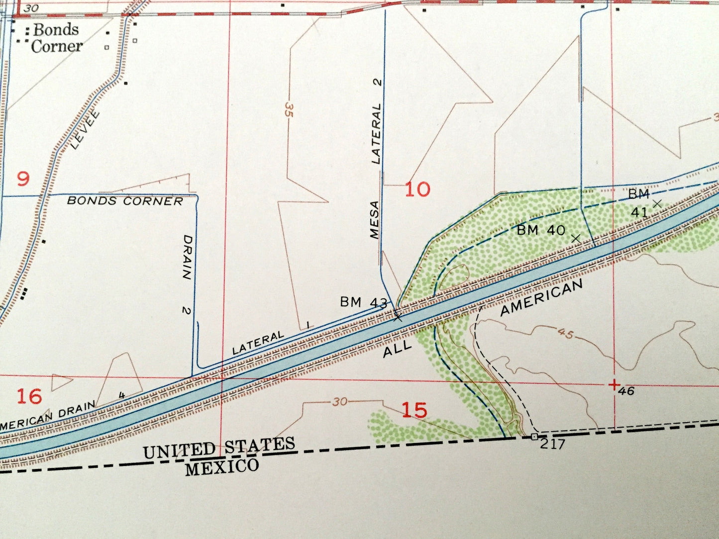 Antique Bonds Corner, California 1957 US Geological Survey Topographic Map – Imperial County, East Mesa, Alamo River, USA-Mexico Border, CA