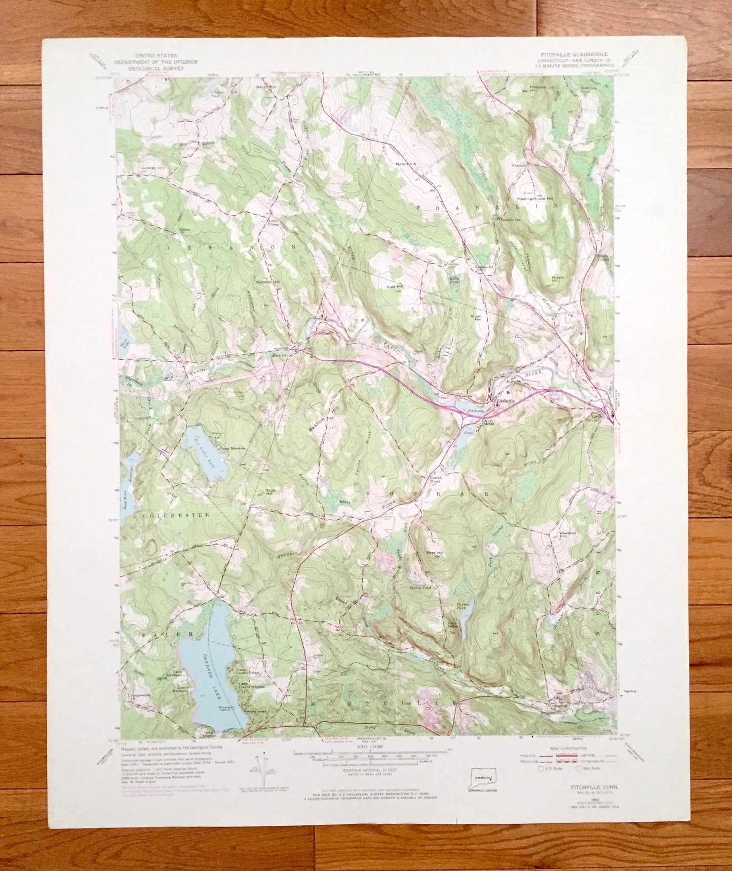 Antique Fitchville, Connecticut 1953 US Geological Survey Topographic Map – New London County, Lebanon, Franklin, Colchester, Montville, CT
