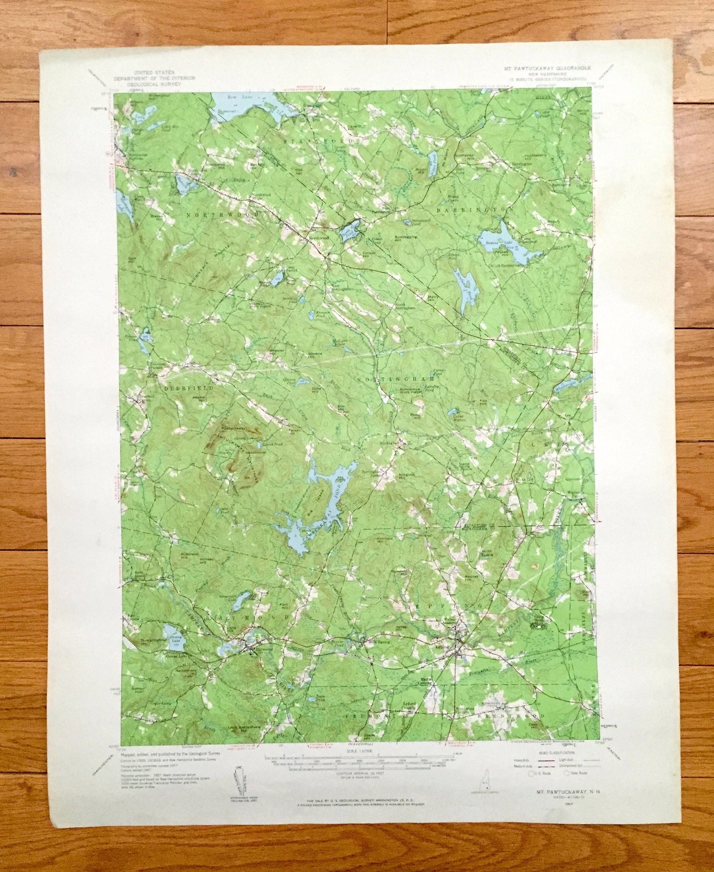 Antique Mt Pawtuckaway, New Hampshire, 1957 US Geological Survey Topographic Map – Nottingham, Barrington, Northwood, Raymond, Epping Lee NH