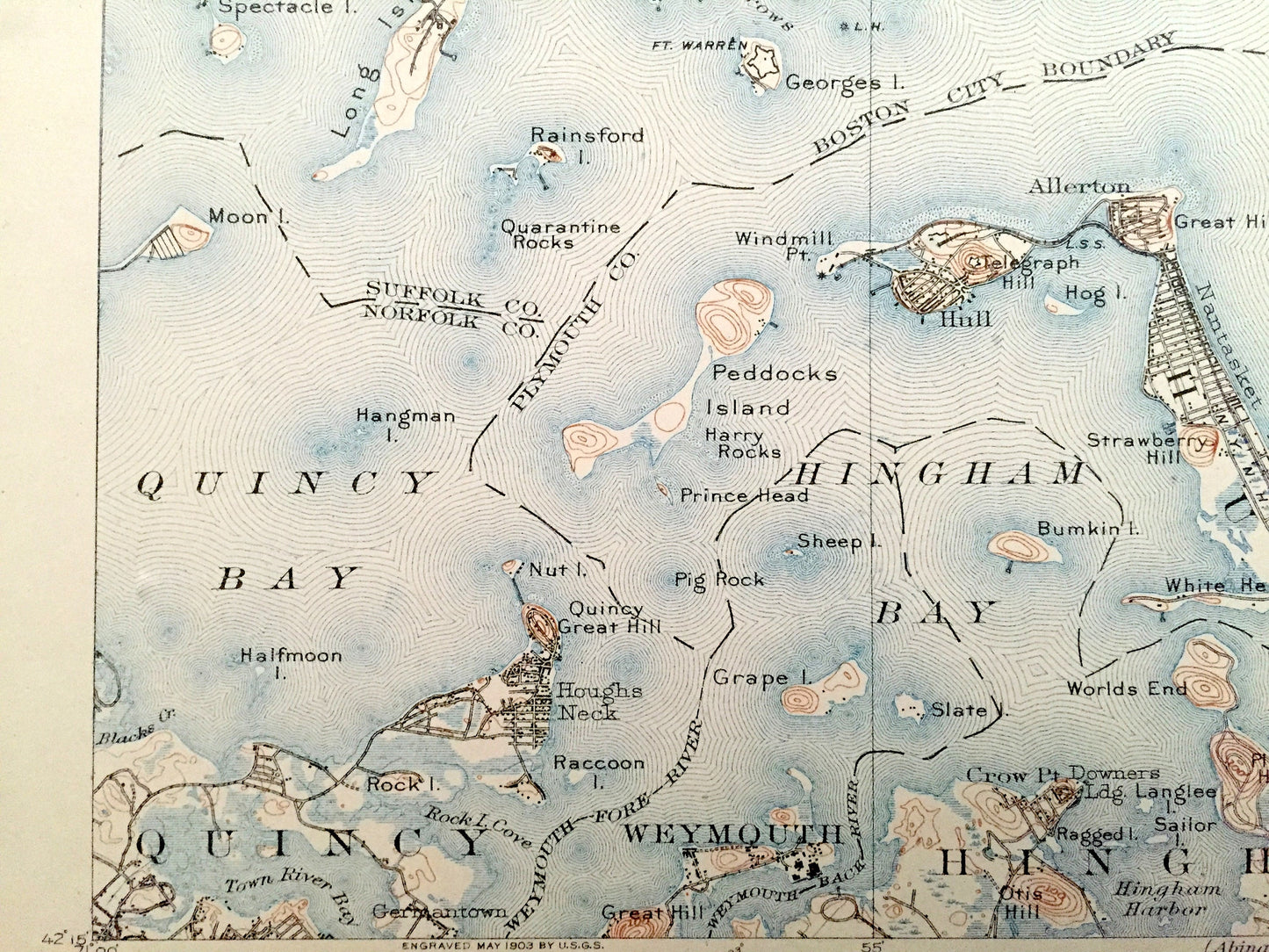 Antique Boston Harbor, Massachusetts 1903 US Geological Survey Topographic Map – Winthrop, Nahant, Quincy, Hull, Marblehead, Cohasset Bay MA
